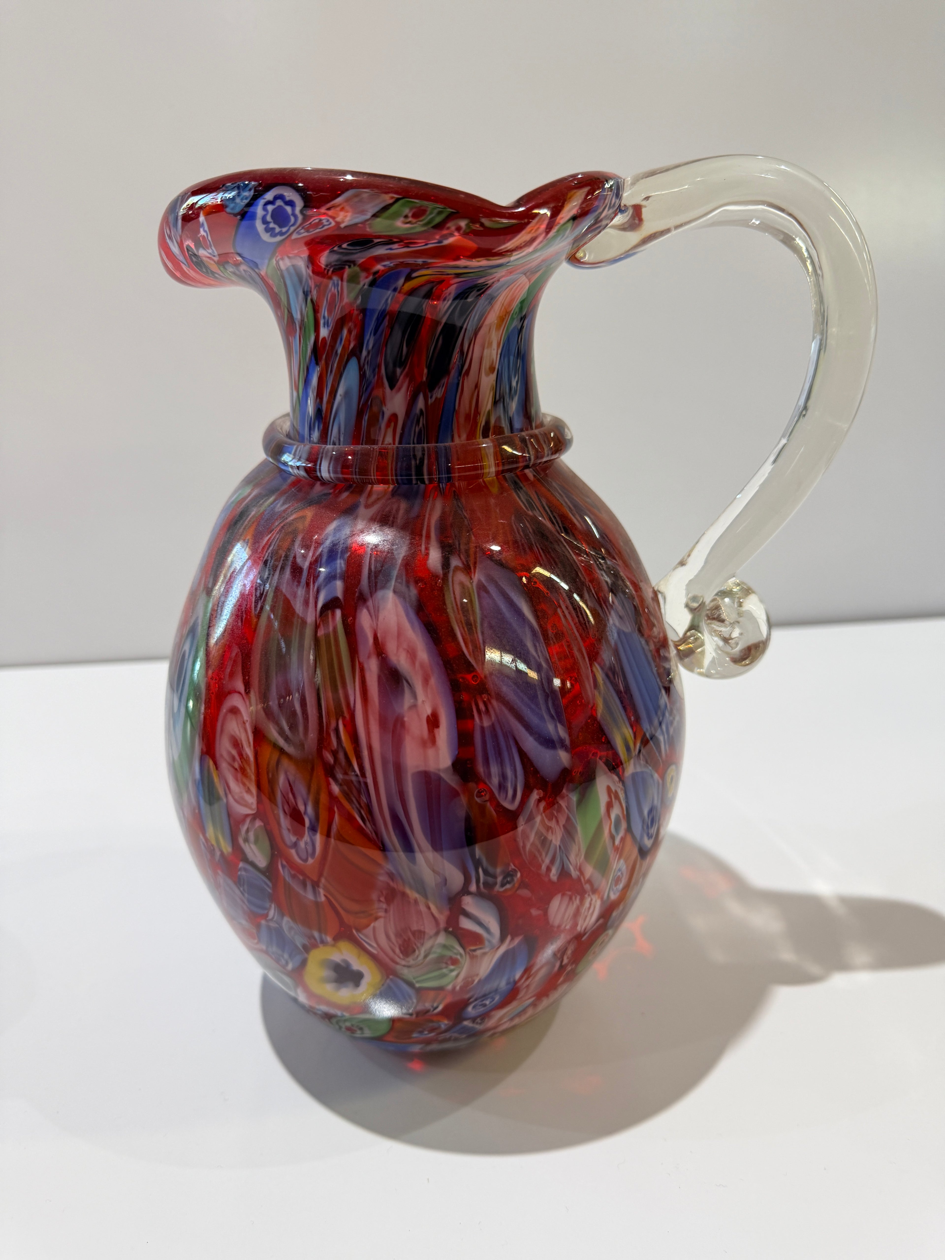 Hand Blown Art Glass Pitcher Red Swirl Millefiori Floral Decorative Vase