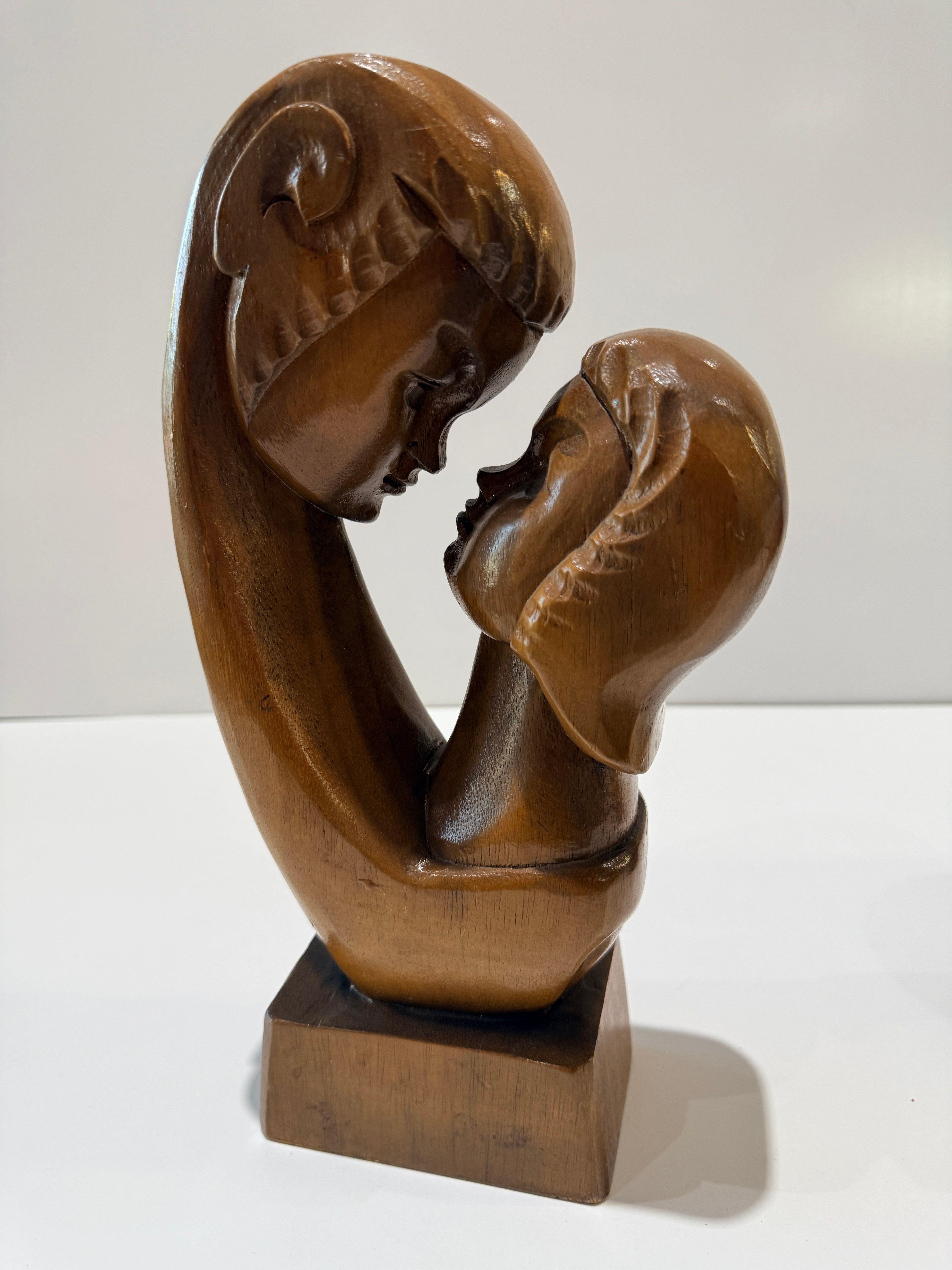 Hand Carved Wooden Mother Child Sculpture Abstract Modern Wood Figurine