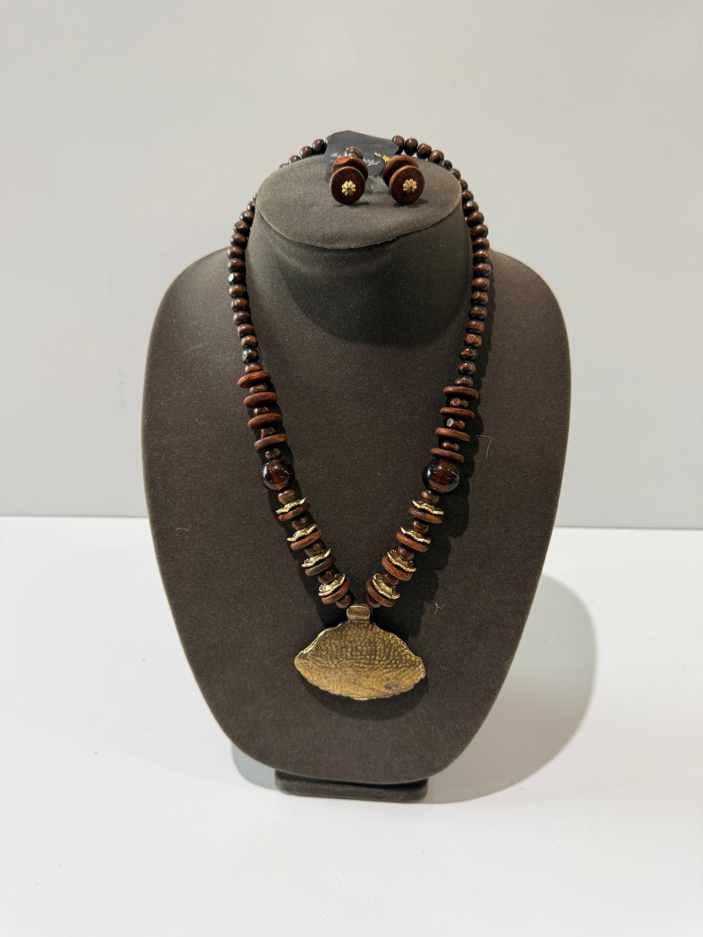 Boho Wooden Beaded Necklace Set Shell Pendant Earrings Brown Tribal Jewelry