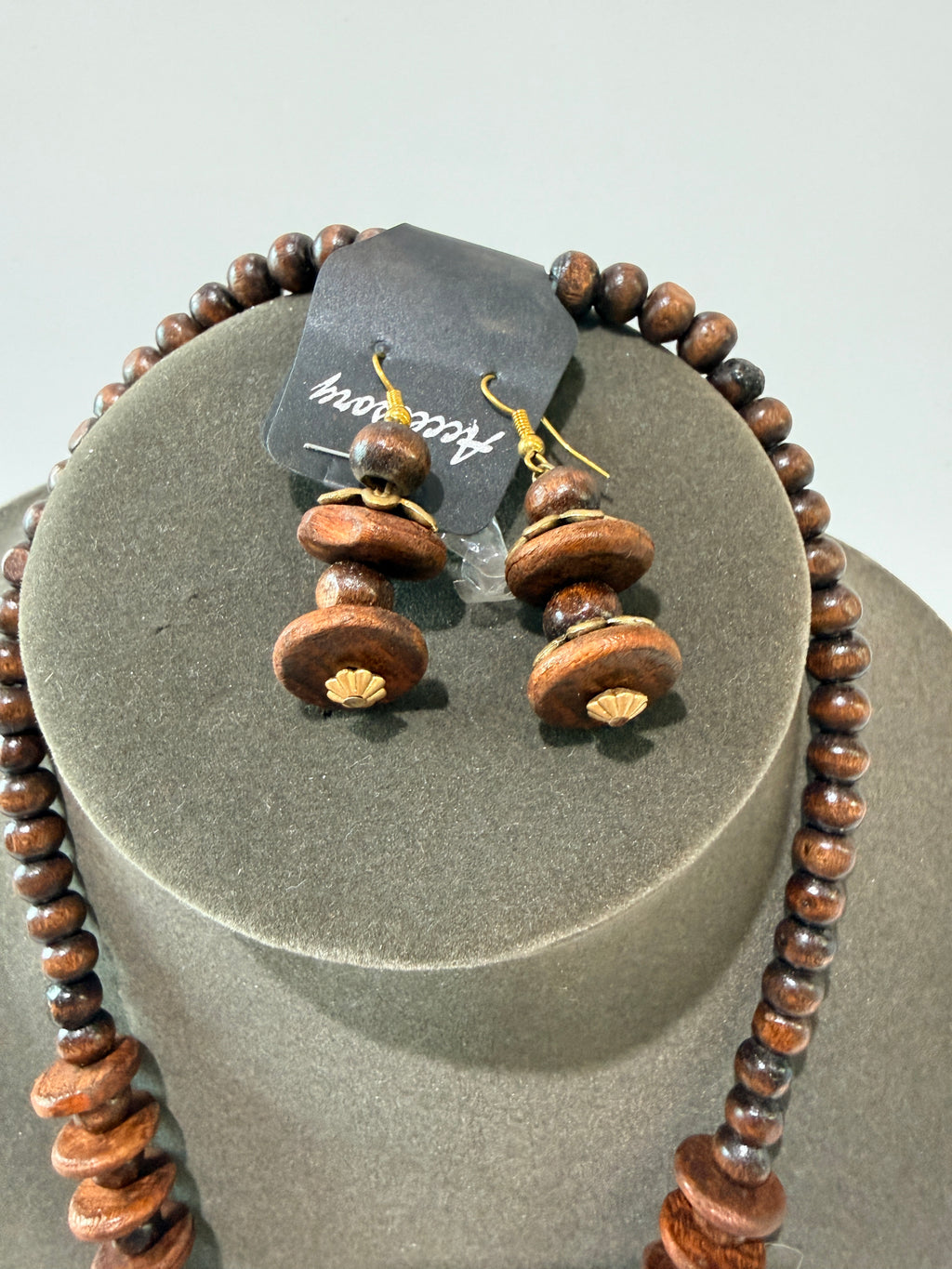 Boho Wooden Beaded Necklace Set Shell Pendant Earrings Brown Tribal Jewelry