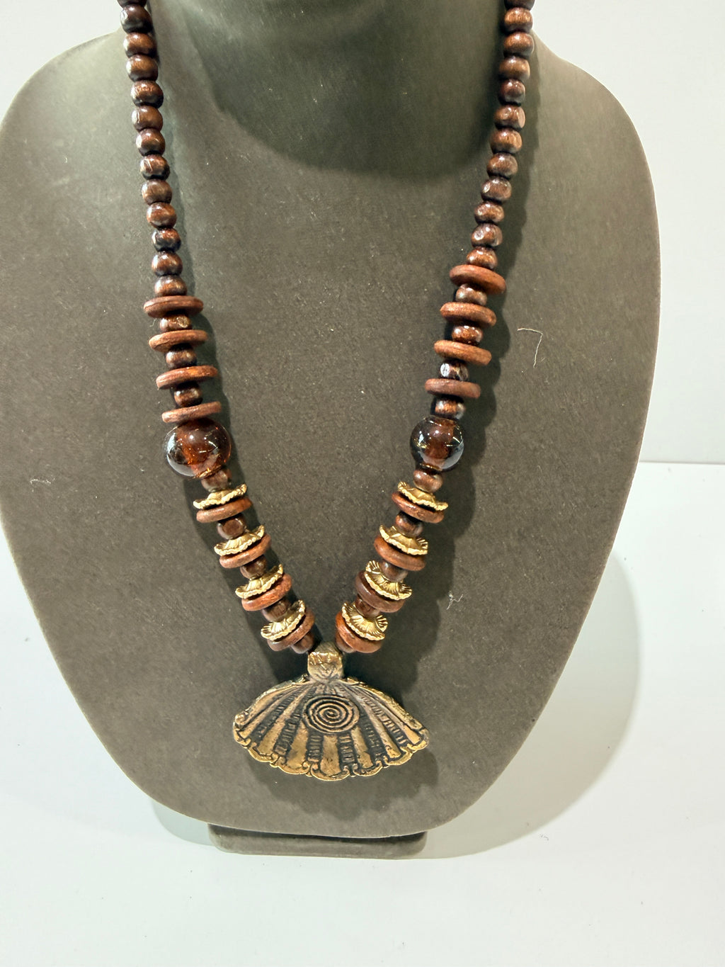 Boho Wooden Beaded Necklace Set Shell Pendant Earrings Brown Tribal Jewelry