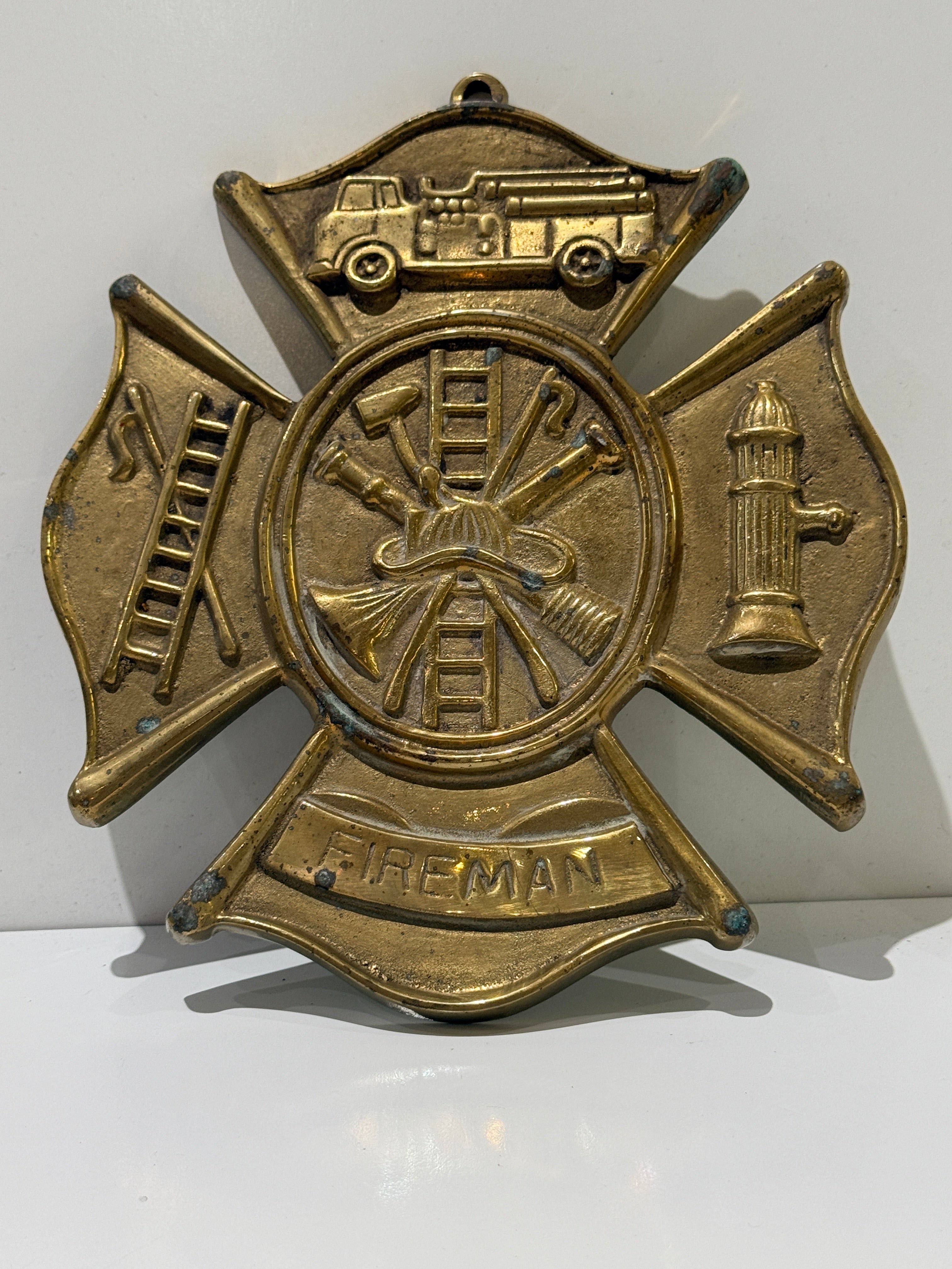 Vintage Solid Brass Fireman Maltese Cross Wall Plaque Firefighter Decor India