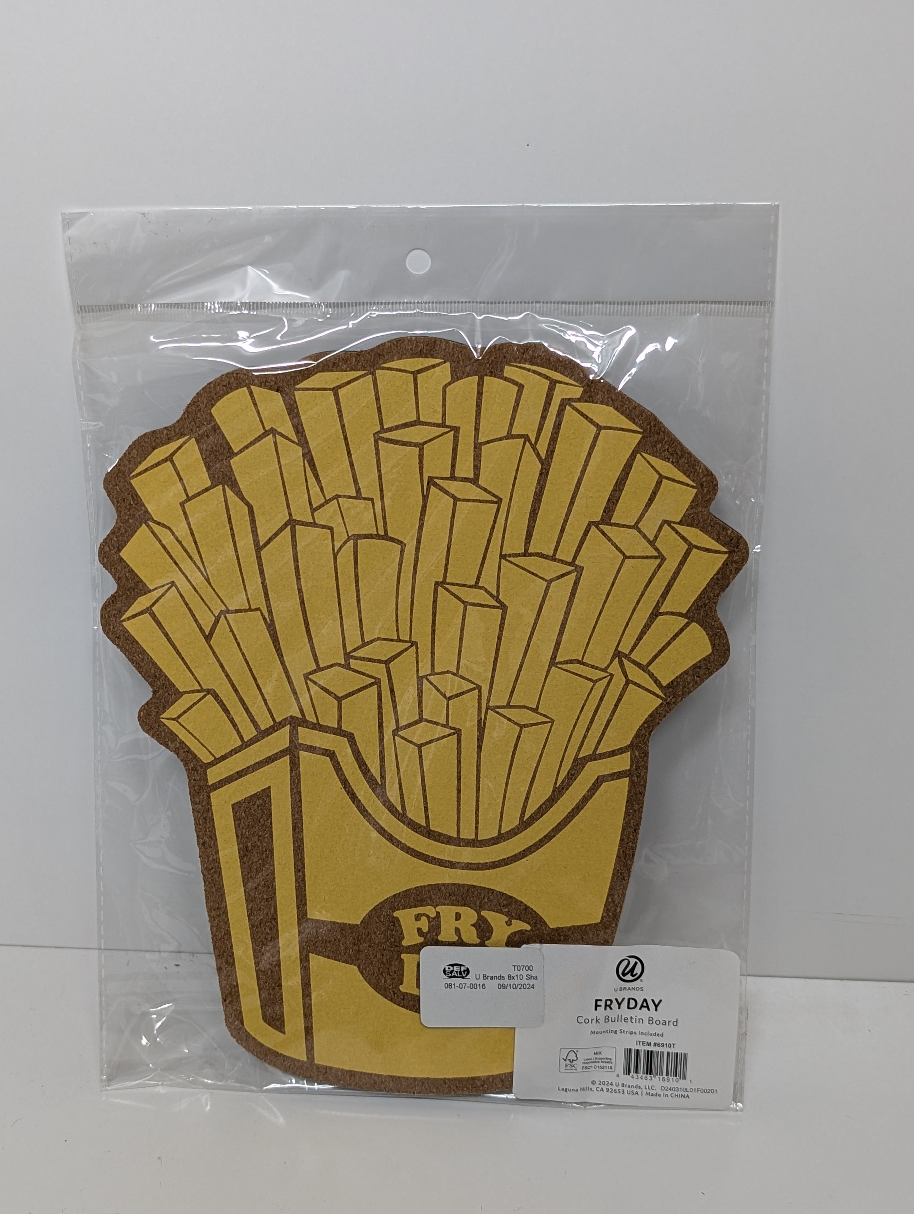 U Brands “FRYDAY” Cork Bulletin Board 8x10 French Fries Design with Mounting Strips (New)