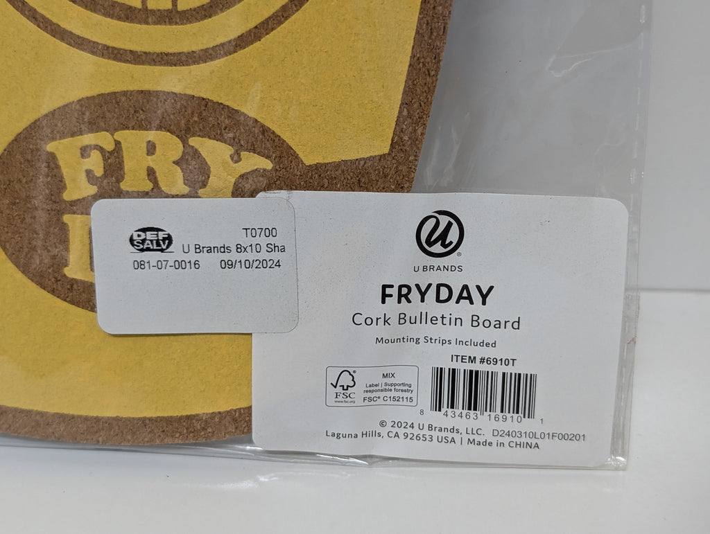 U Brands “FRYDAY” Cork Bulletin Board 8x10 French Fries Design with Mounting Strips (New)