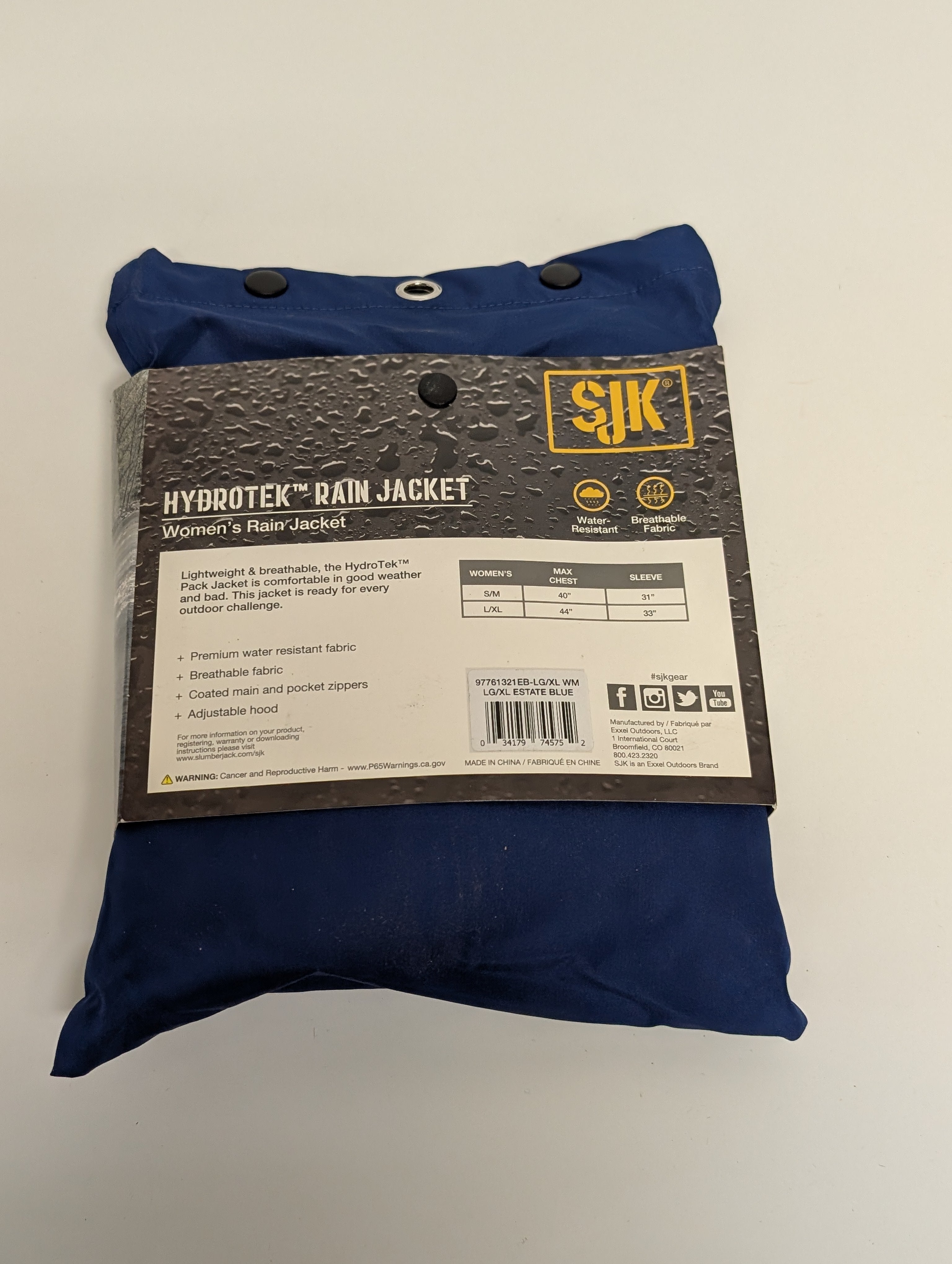 SJK Hydrotek Women’s Rain Jacket – Estate Blue (L/XL, New in Package)