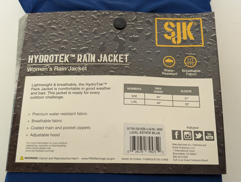 SJK Hydrotek Women’s Rain Jacket – Estate Blue (L/XL, New in Package)