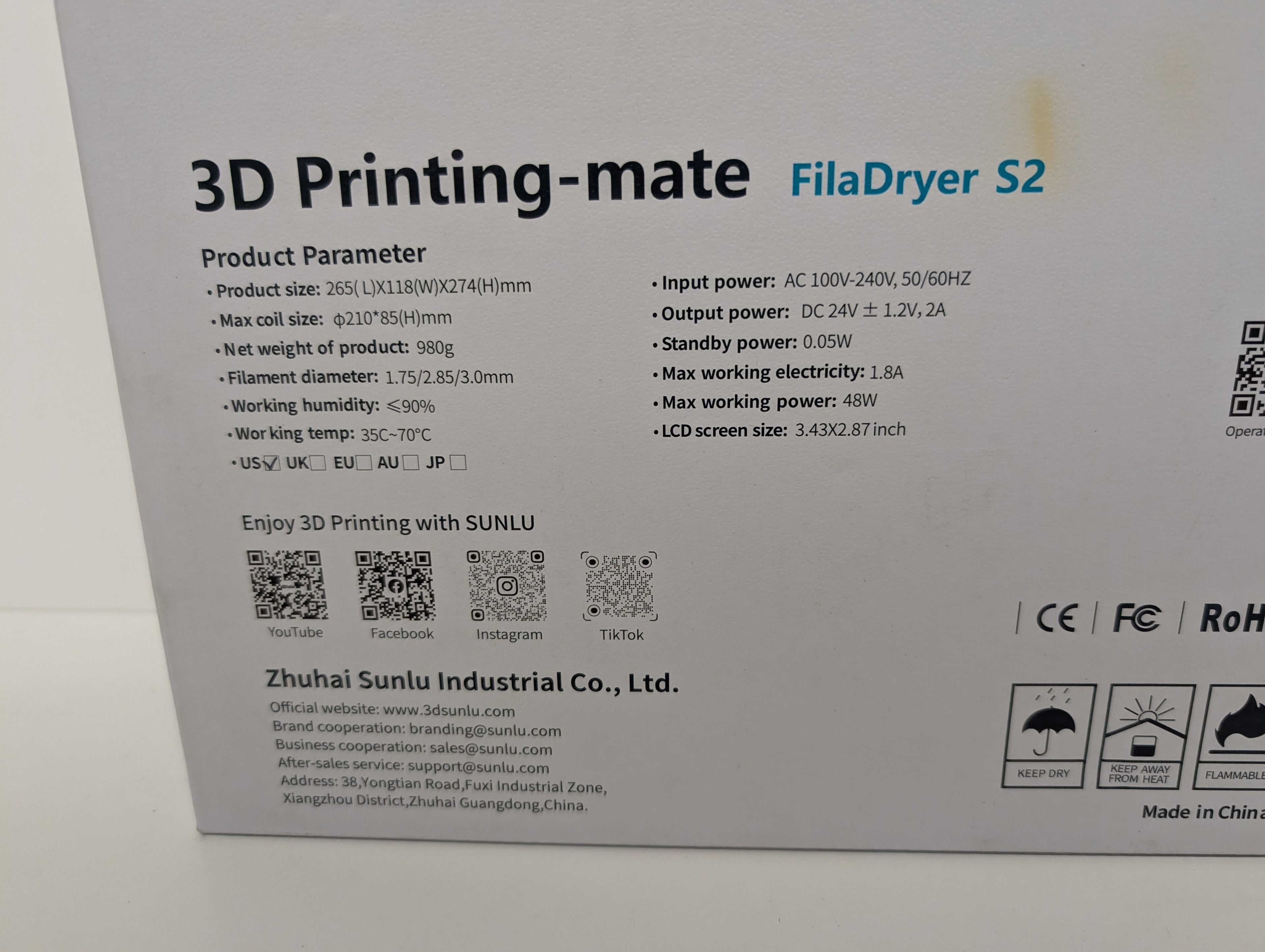 SUNLU FilaDryer S2 3D Printing-Mate Filament Dryer (New in Box)