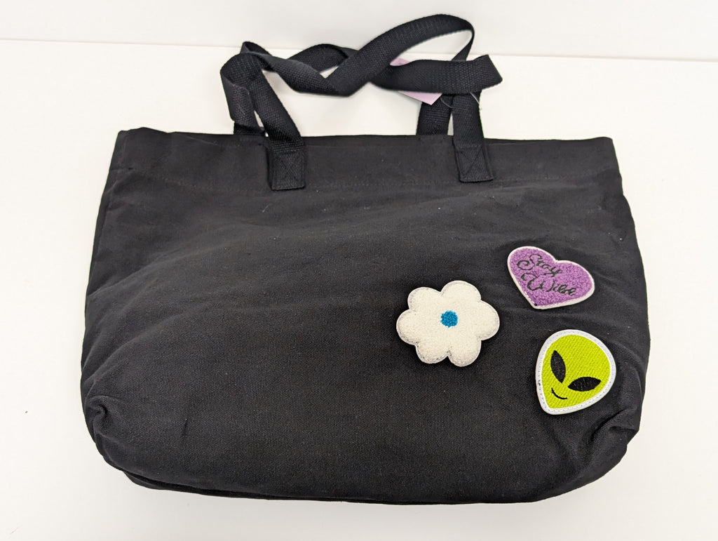Wild Fable Black Canvas Tote Bag with Embroidered Patches (New, 2023 Collection)