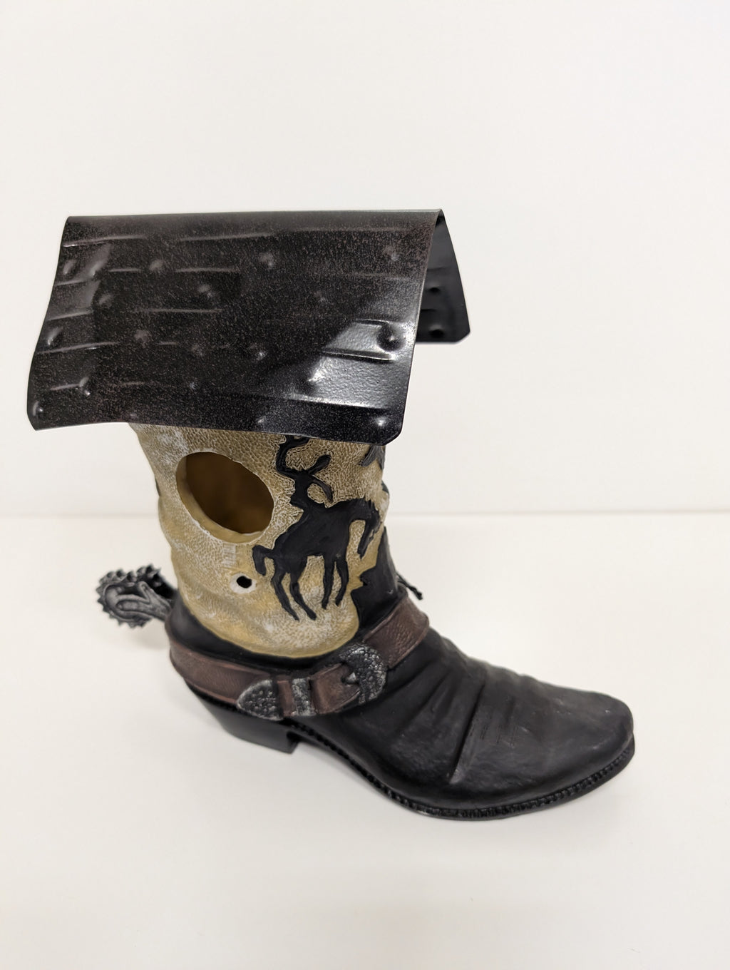 Western Cowboy Boot Birdhouse Rustic Resin Decor with Metal Roof (Damaged)