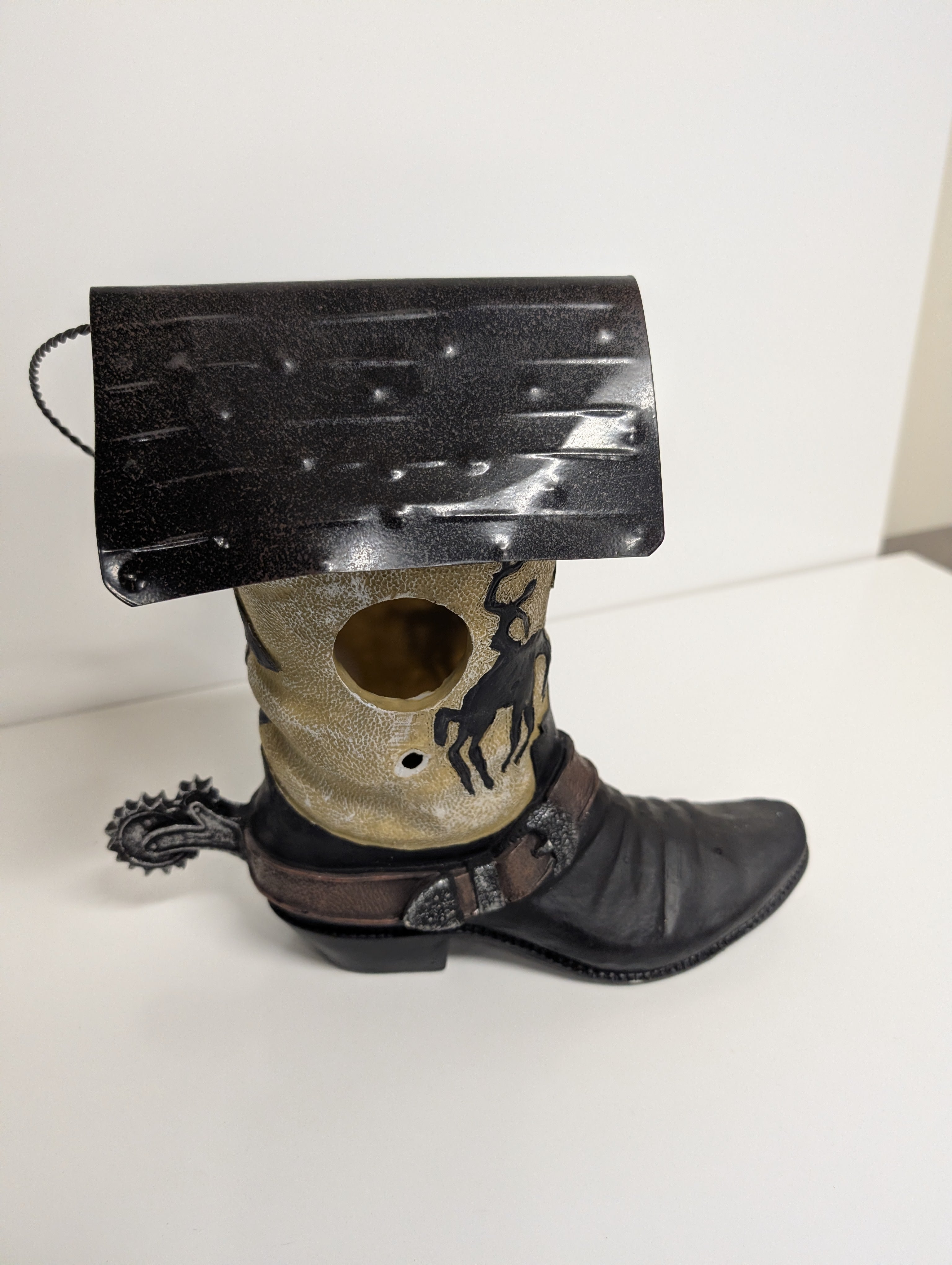 Western Cowboy Boot Birdhouse Rustic Resin Decor with Metal Roof (Damaged)