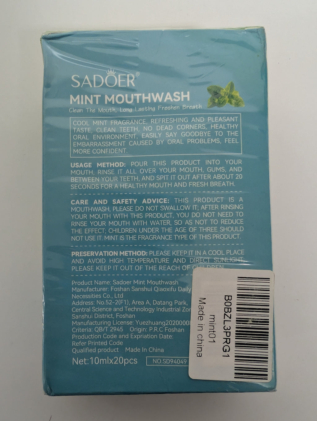 Sadoer Mint Mouthwash Portable Oral Care Pack (20 x 10ml) Fresh Breath Travel Set