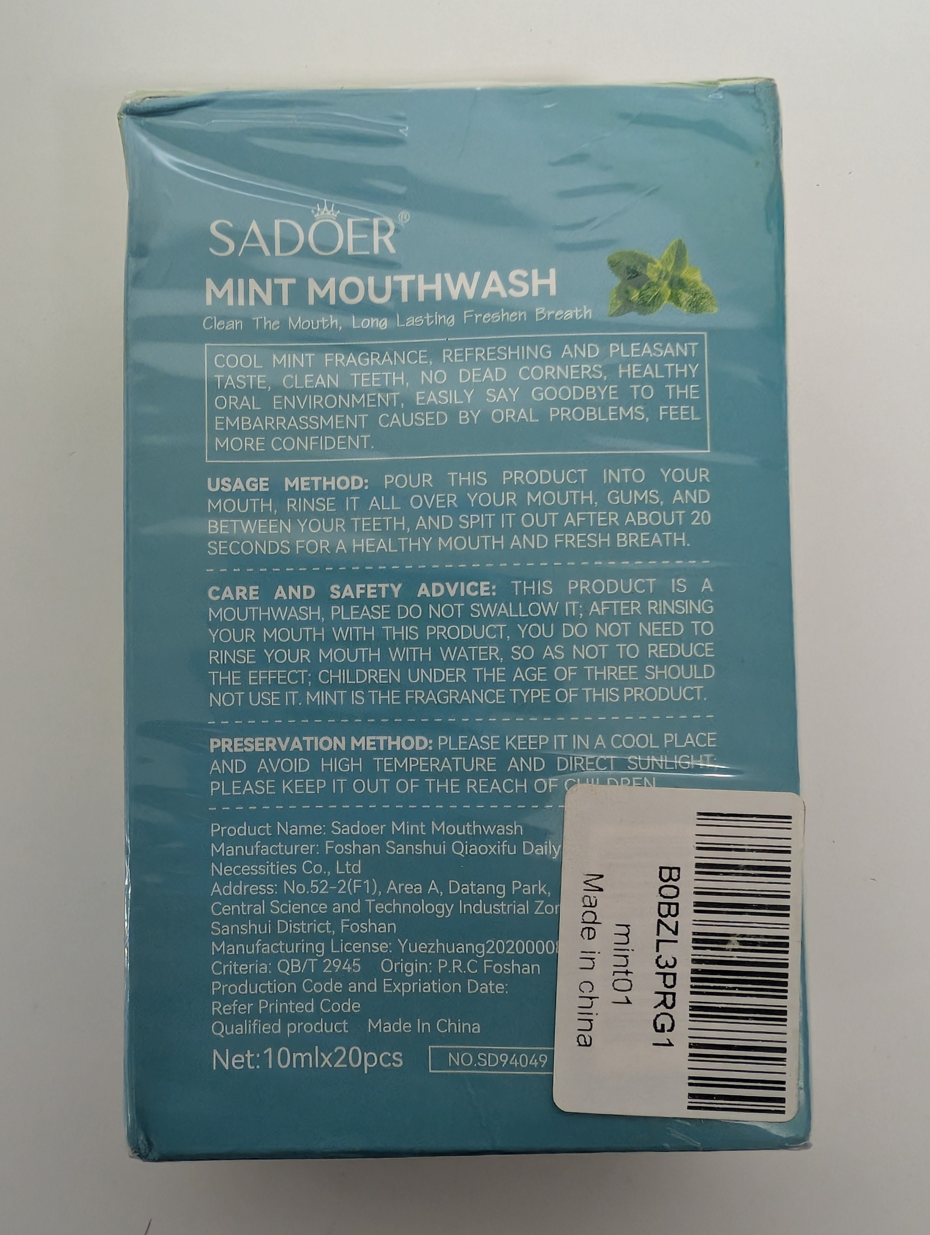 Sadoer Mint Mouthwash Portable Oral Care Pack (20 x 10ml) Fresh Breath Travel Set