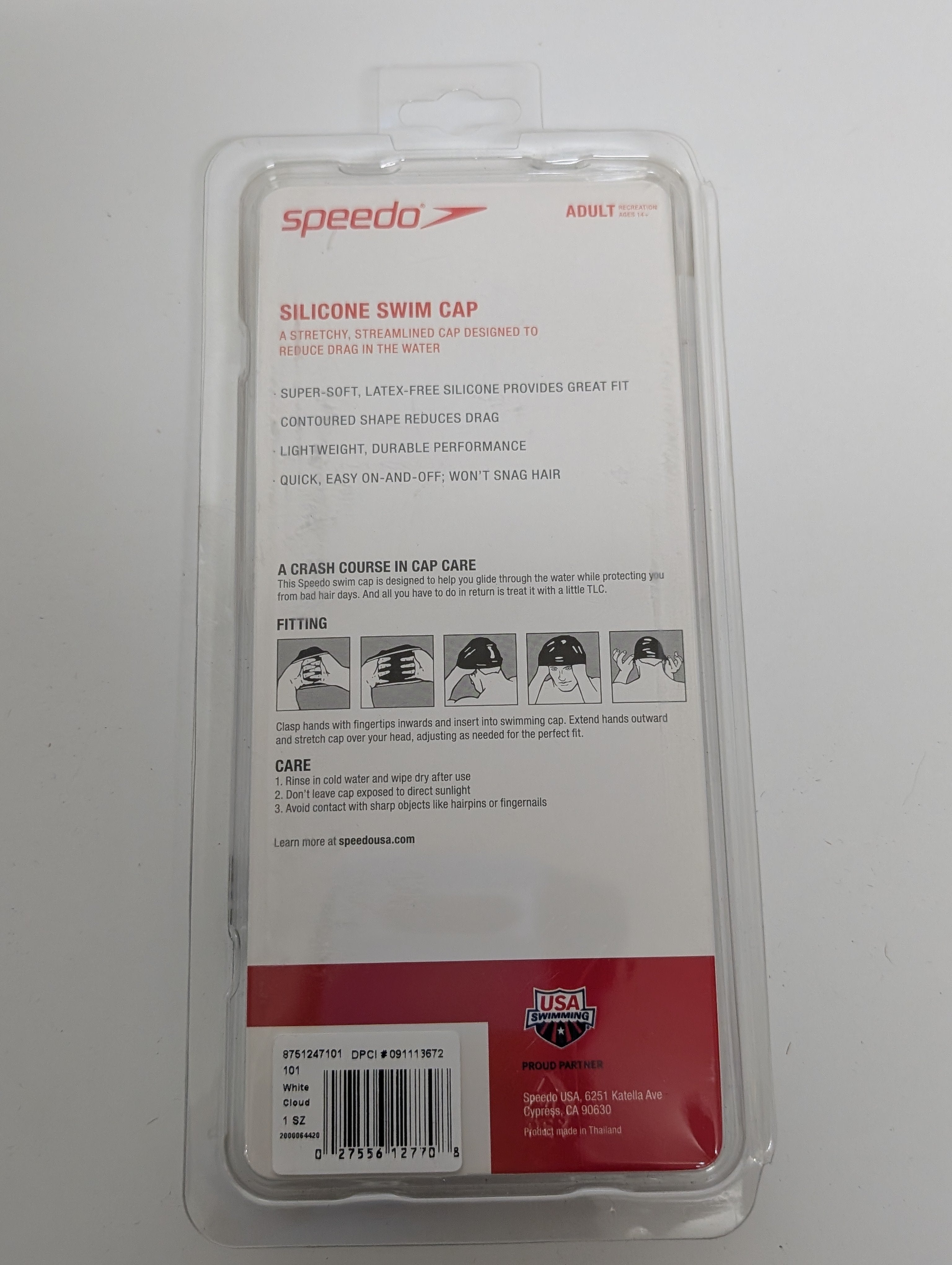 Speedo Adult Silicone Swim Cap White – Latex-Free Streamlined Design (Made in Thailand)