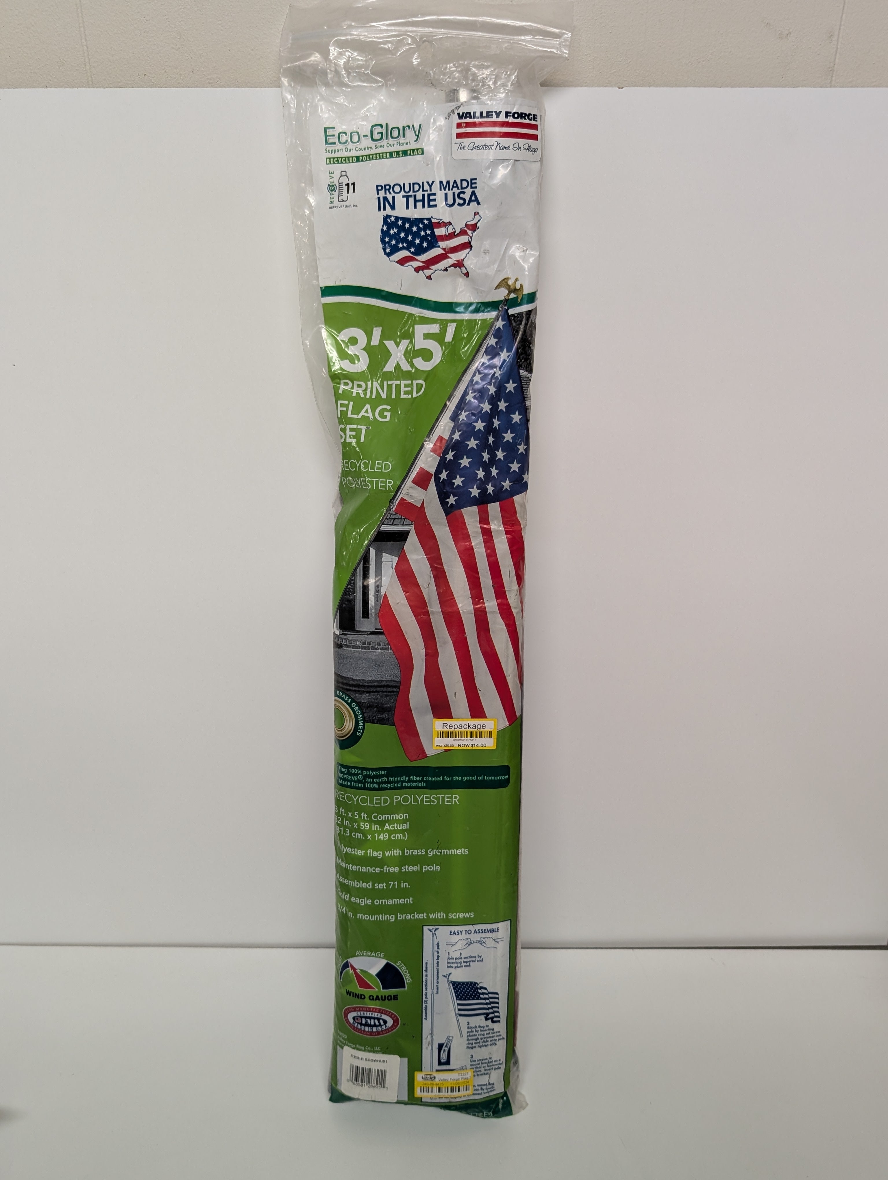 Valley Forge Eco-Glory 3x5 ft American Flag Set – Recycled Polyester with Steel Pole & Eagle Ornament (Made in USA)