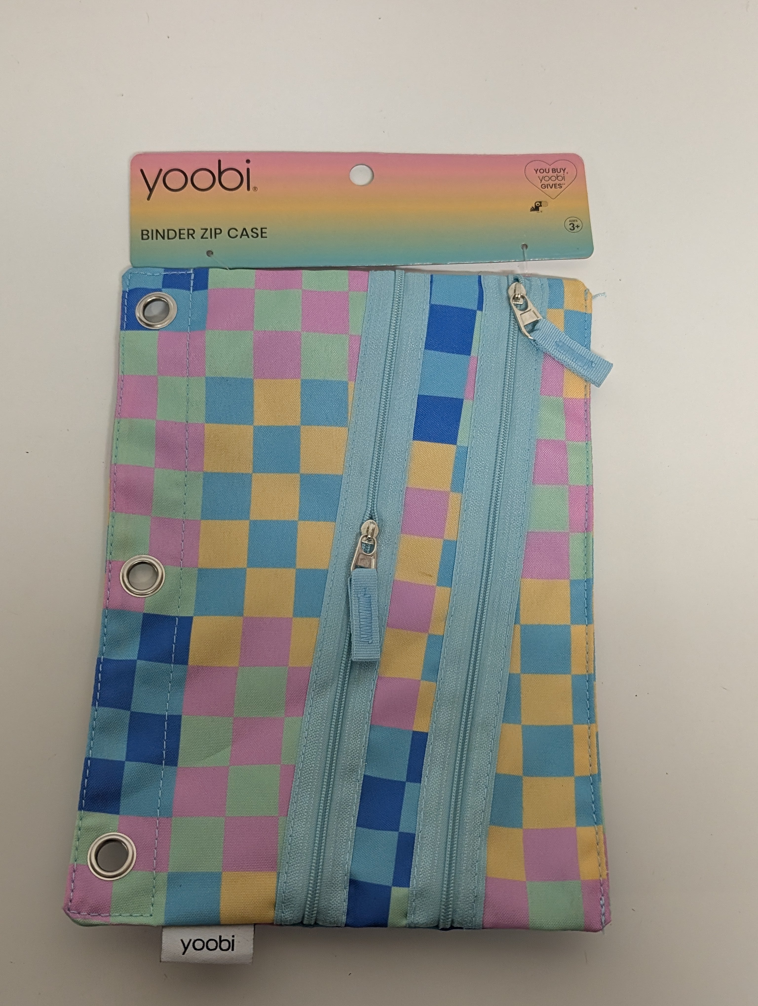 Yoobi Checkerboard Binder Zip Case Pastel Blue Pink Yellow Multi-Pocket School Pouch (New)