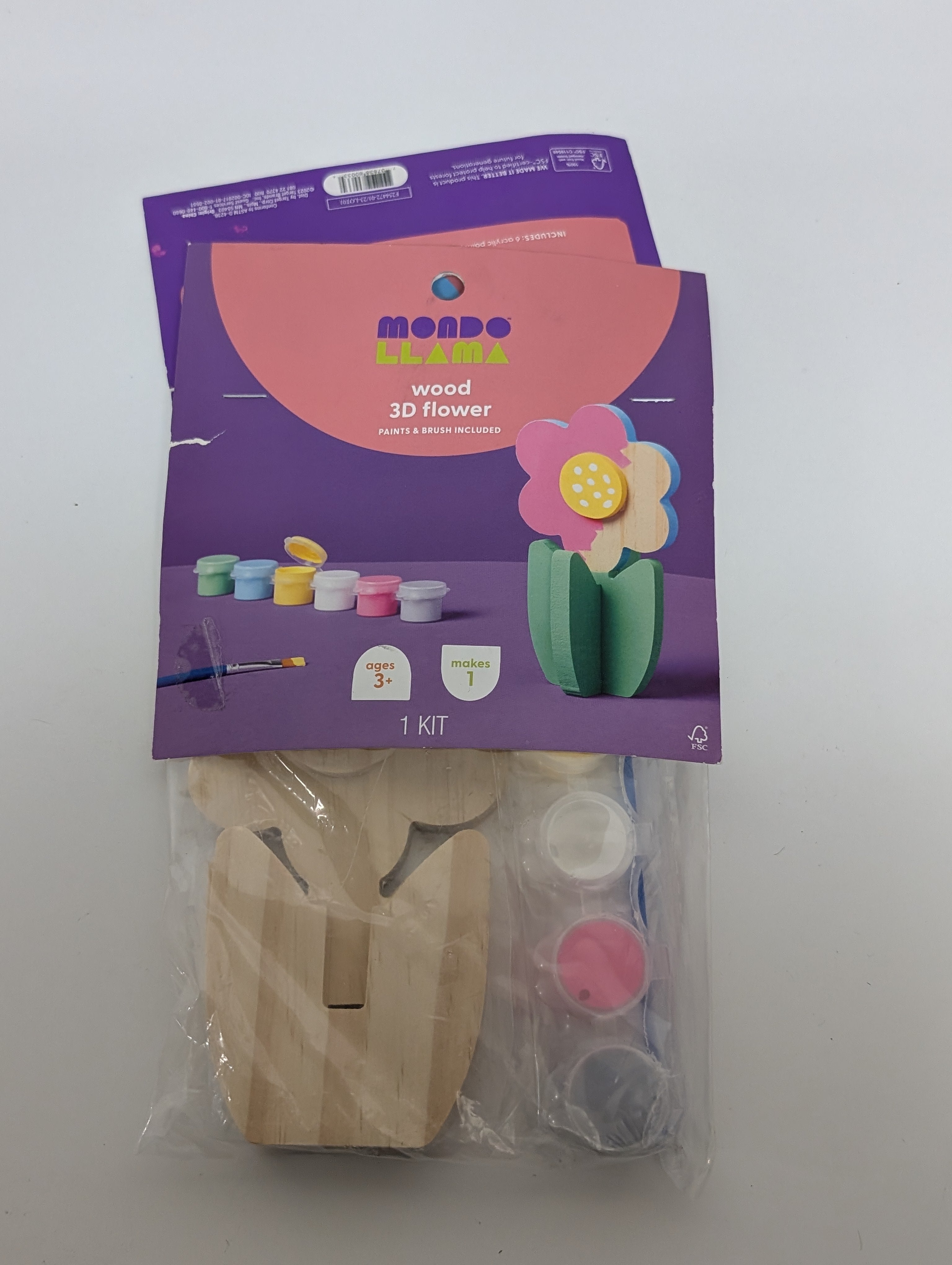 Mondo Llama Wood 3D Flower Paint Craft Kit with Brush and Paints (New)