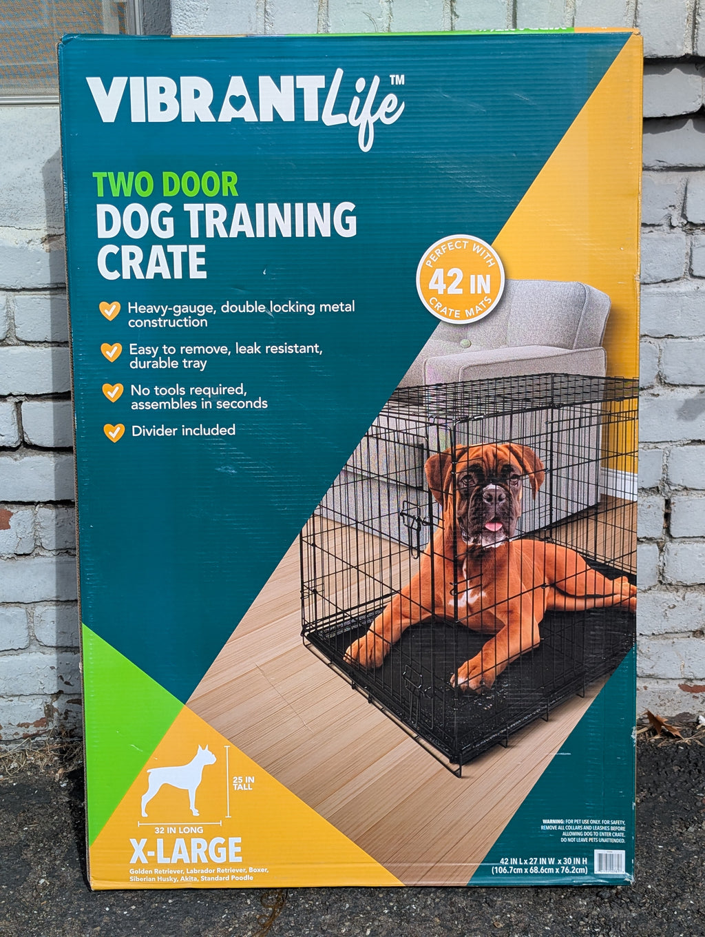 Vibrant Life XL Two Door Dog Training Crate 42in Heavy Duty Metal Pet Kennel