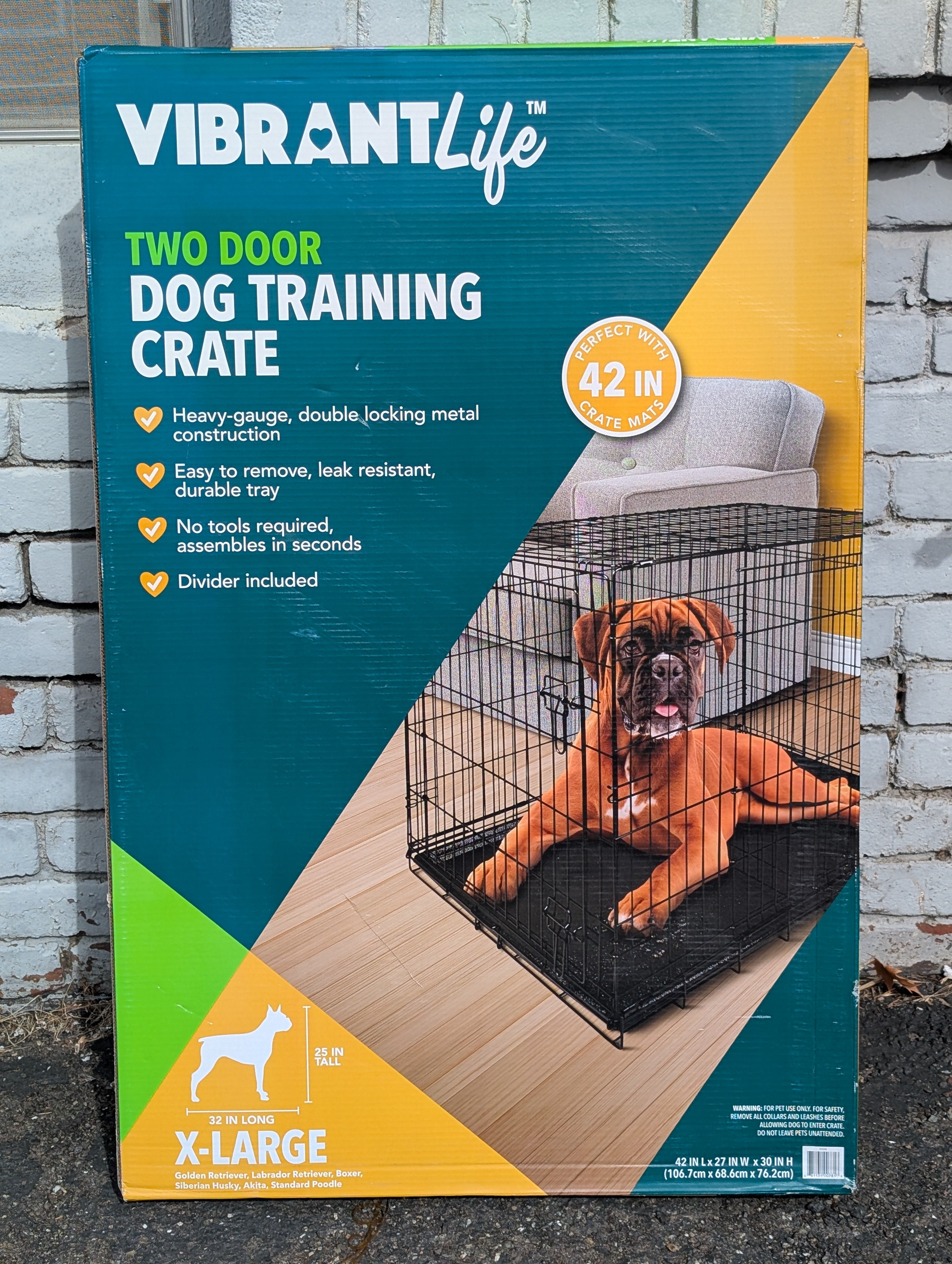 Vibrant Life XL Two Door Dog Training Crate 42in Heavy Duty Metal Pet Kennel