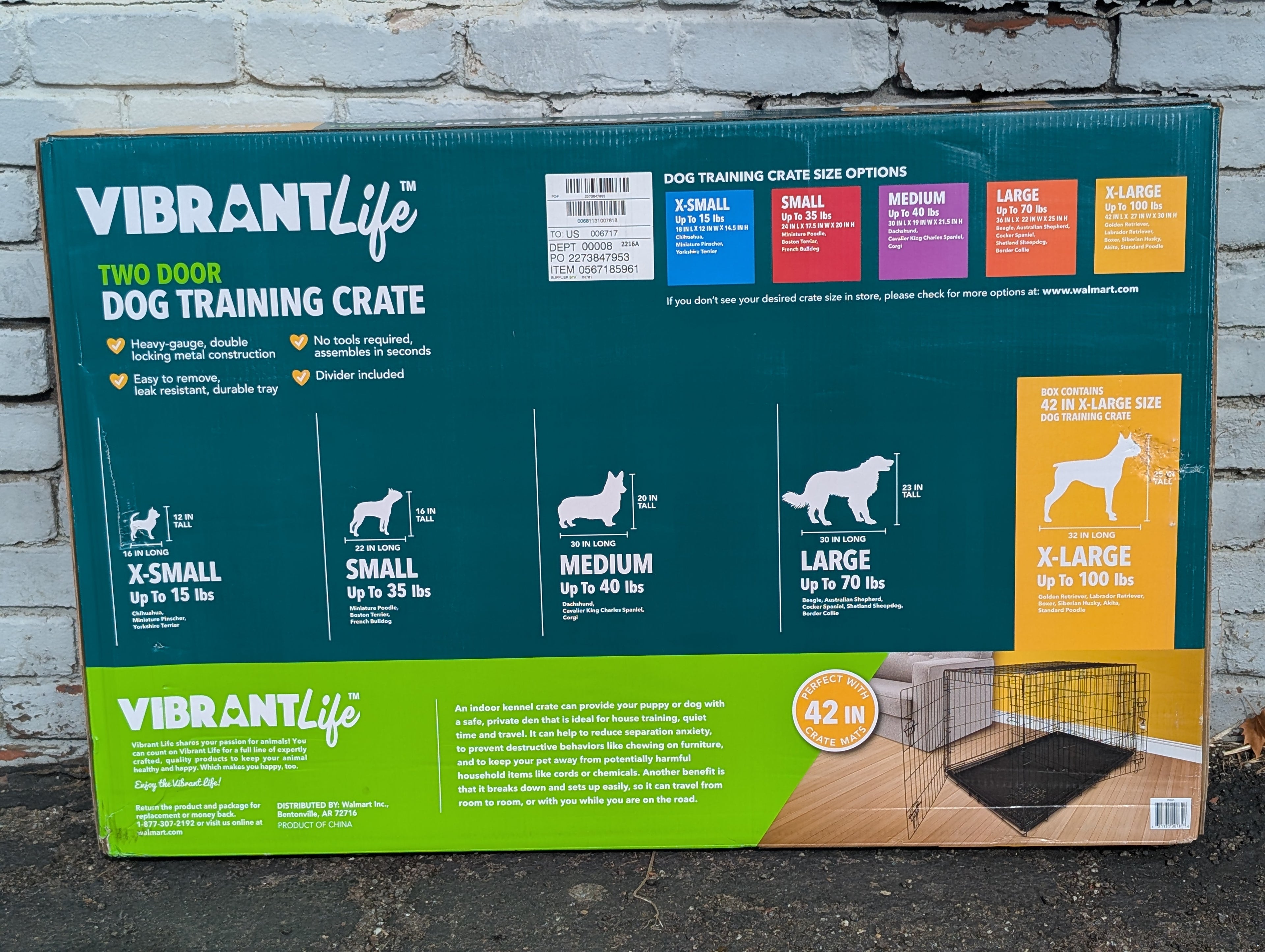 Vibrant Life XL Two Door Dog Training Crate 42in Heavy Duty Metal Pet Kennel