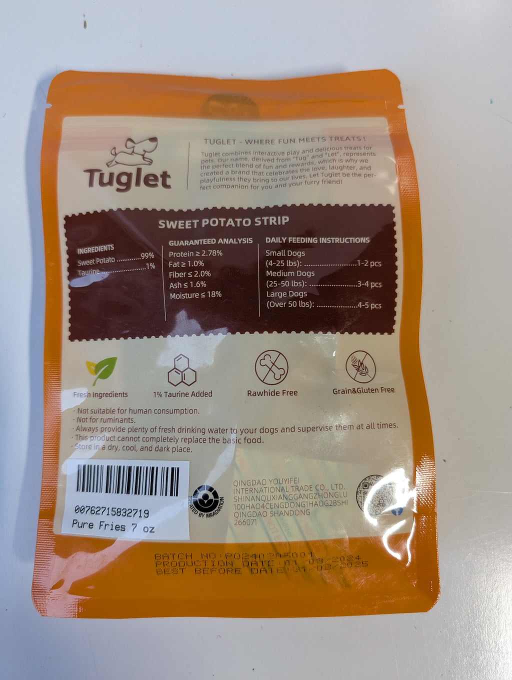 Tuglet Sweet Potato Strip Dog Treats Natural Training Reward 7oz Resealable Bag