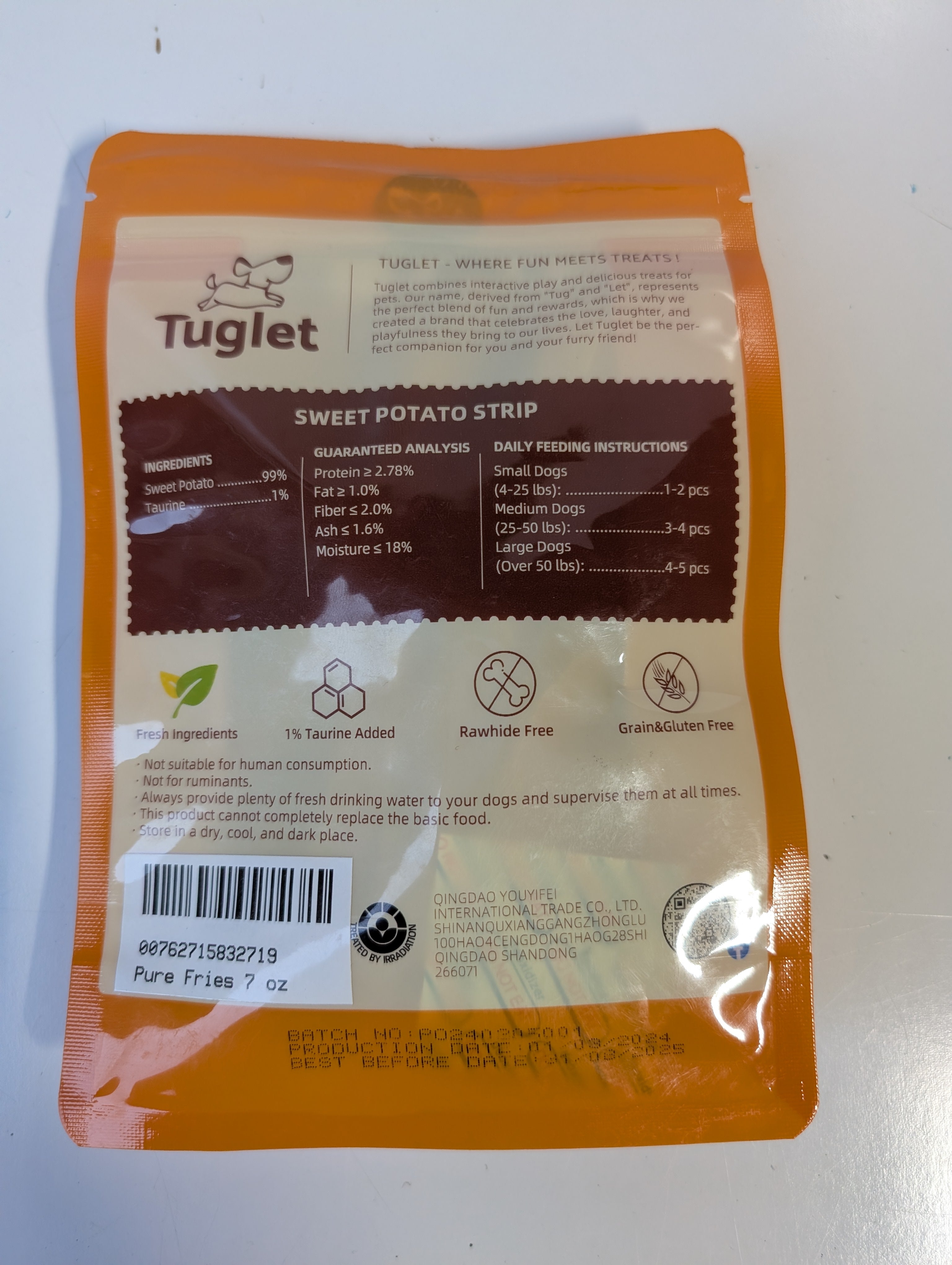 Tuglet Sweet Potato Strip Dog Treats Natural Training Reward 7oz Resealable Bag