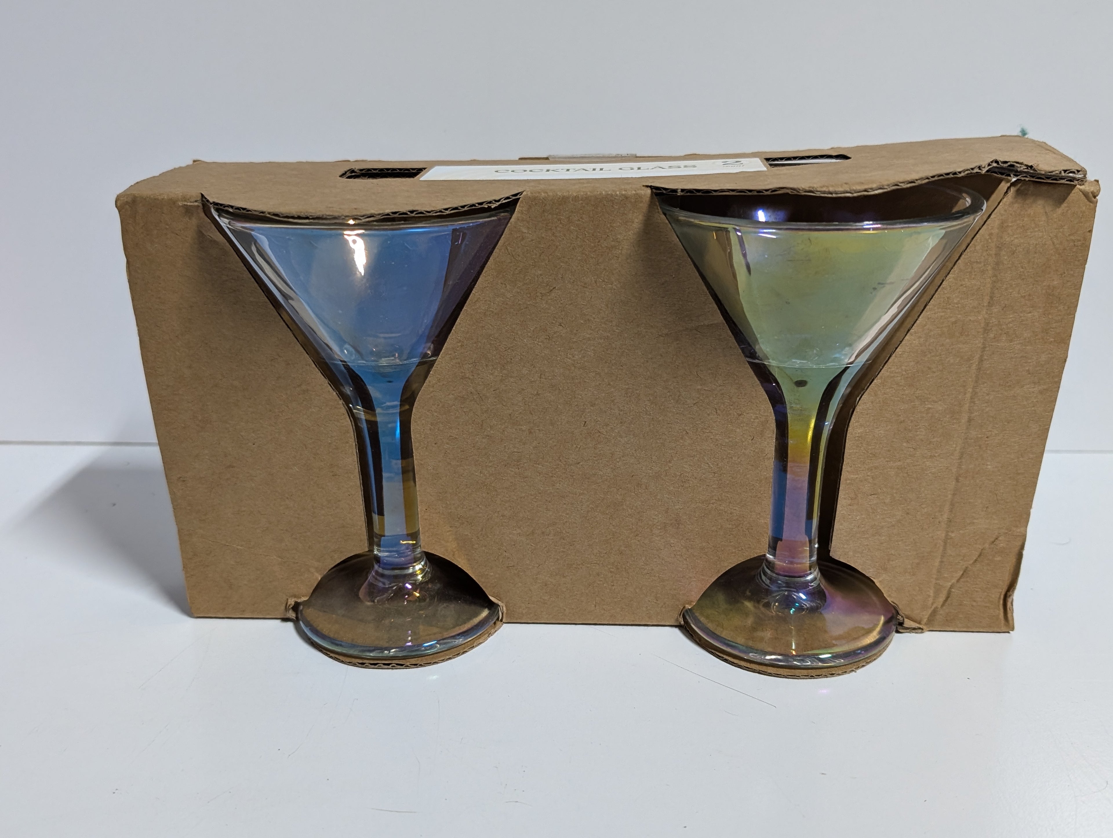 Iridescent Glass Martini Cocktail Glasses Set of Two Modern Barware Collectible Decor