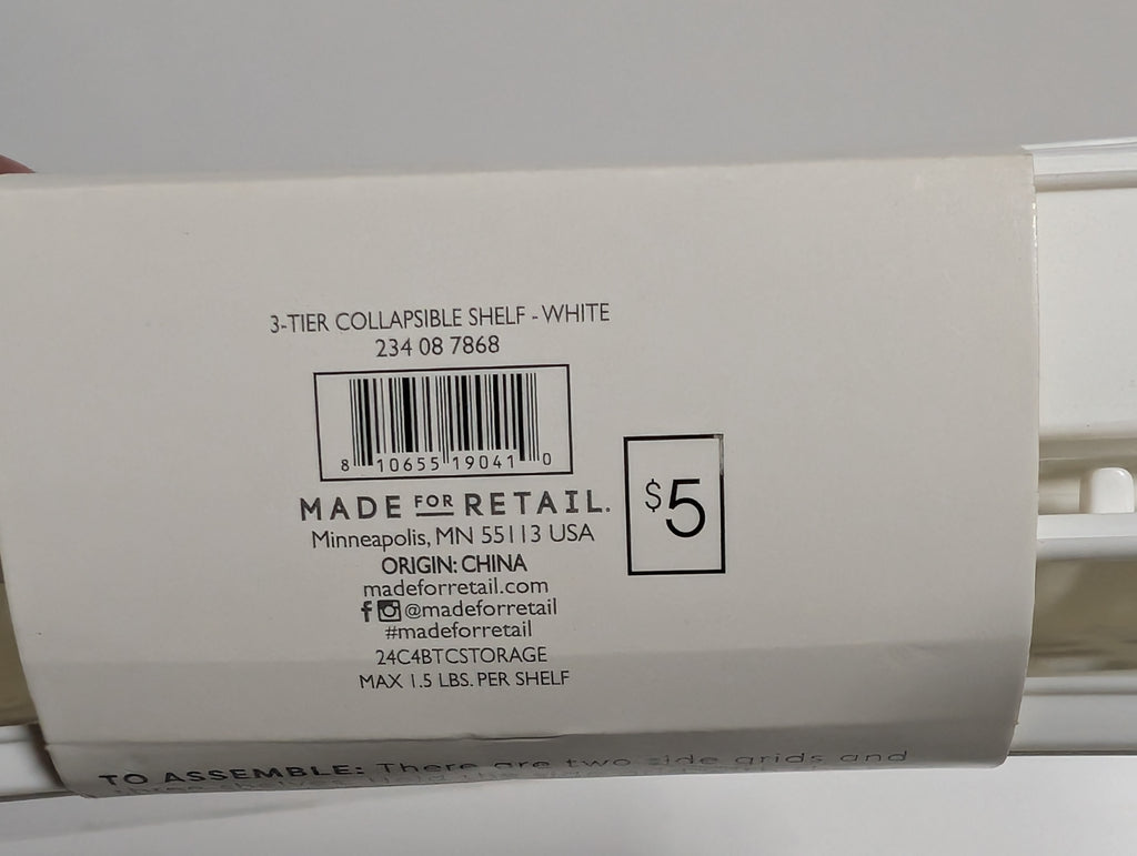 Made For Retail White 3 Tier Collapsible Shelf Adjustable Plastic Storage Organizer