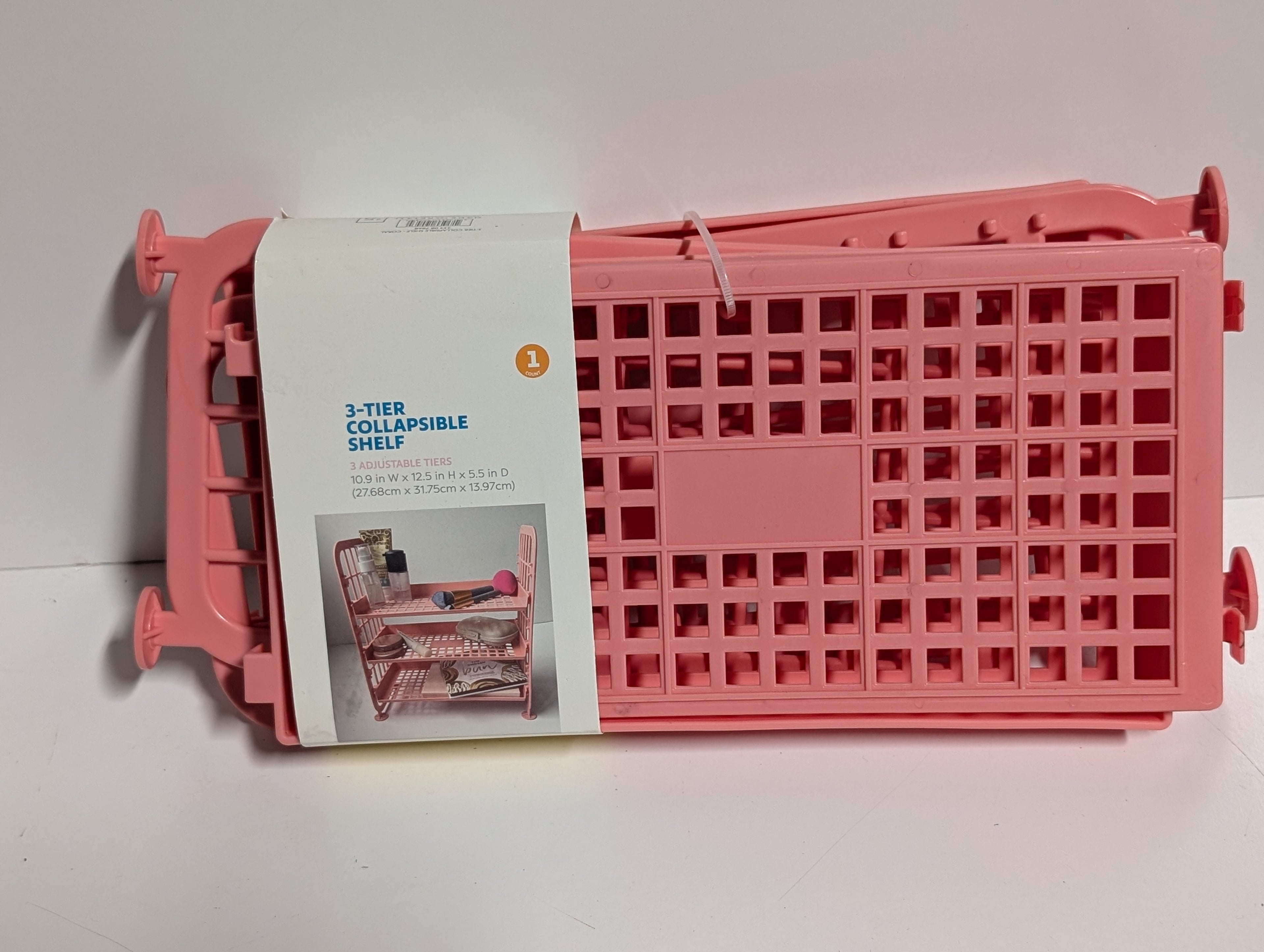 Made For Retail Coral 3 Tier Collapsible Shelf Adjustable Plastic Storage Organizer