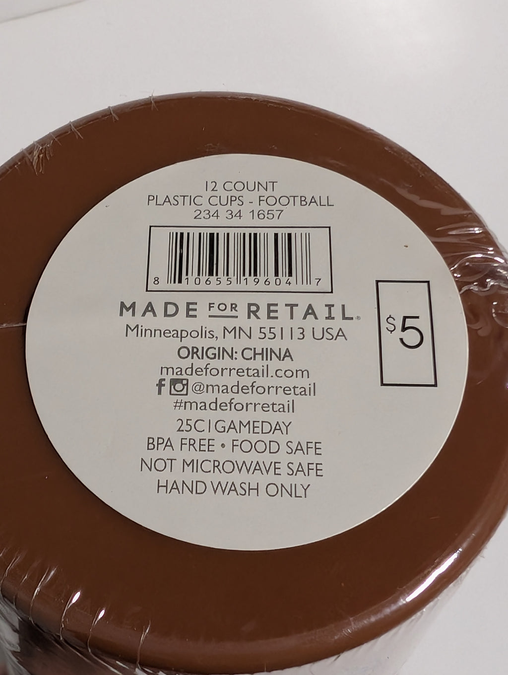 Made For Retail Football Plastic Party Cups 12 Count Brown Reusable Game Day Set