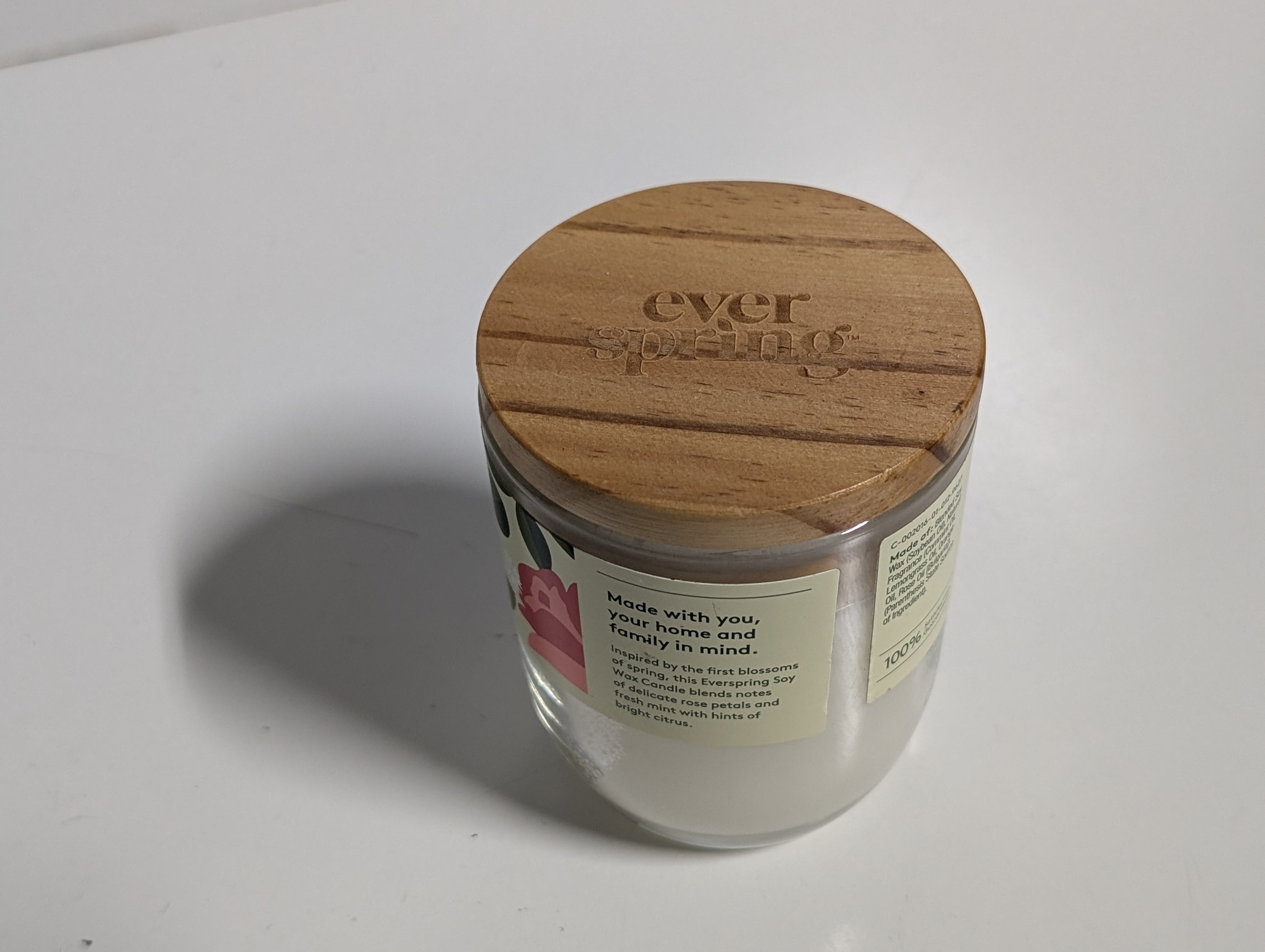 Everspring Rosewater and Mint Soy Wax Candle Seasonal Scent Glass Jar Wooden Lid