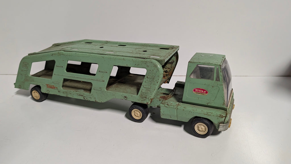 Vintage Tonka Car Carrier Semi Truck Green Pressed Steel Toy Hauler Original