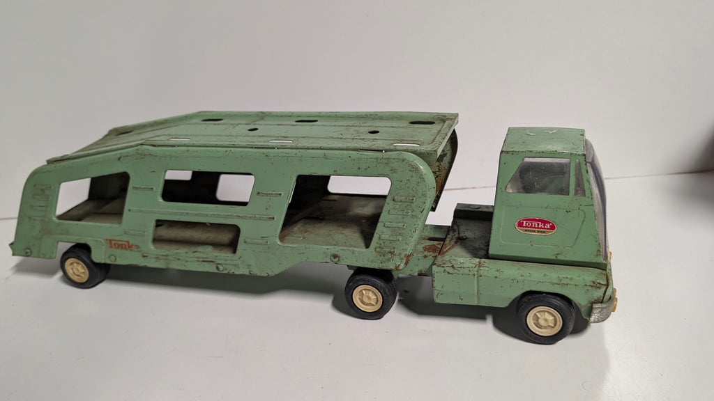 Vintage Tonka Car Carrier Semi Truck Green Pressed Steel Toy Hauler Original