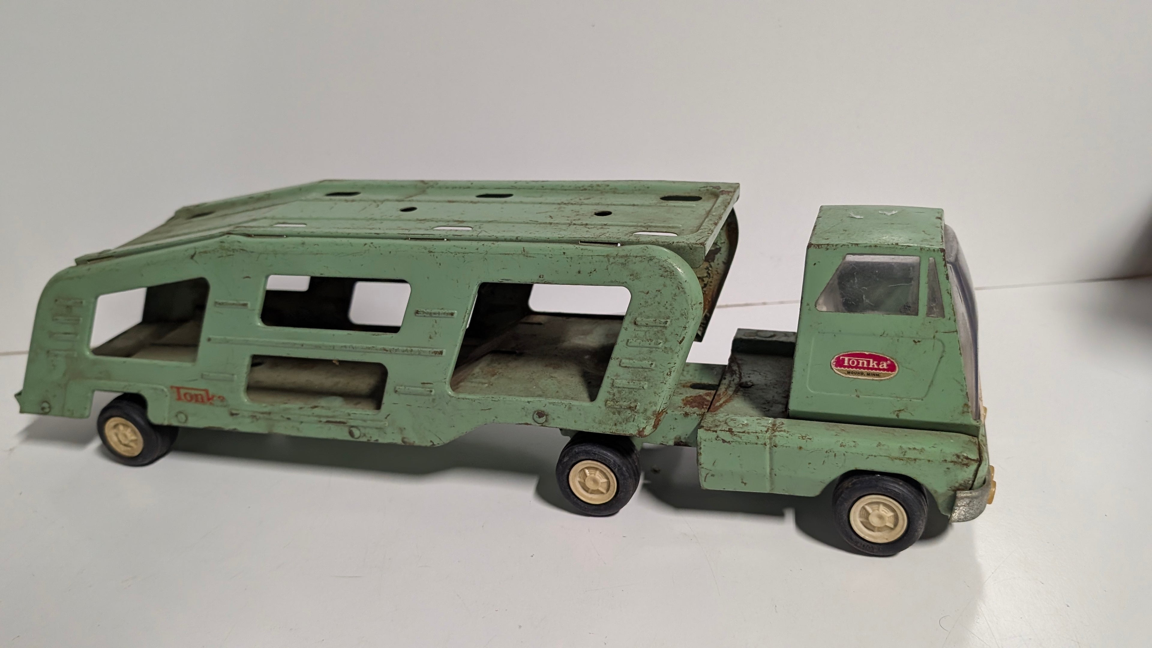 Vintage Tonka Car Carrier Semi Truck Green Pressed Steel Toy Hauler Original