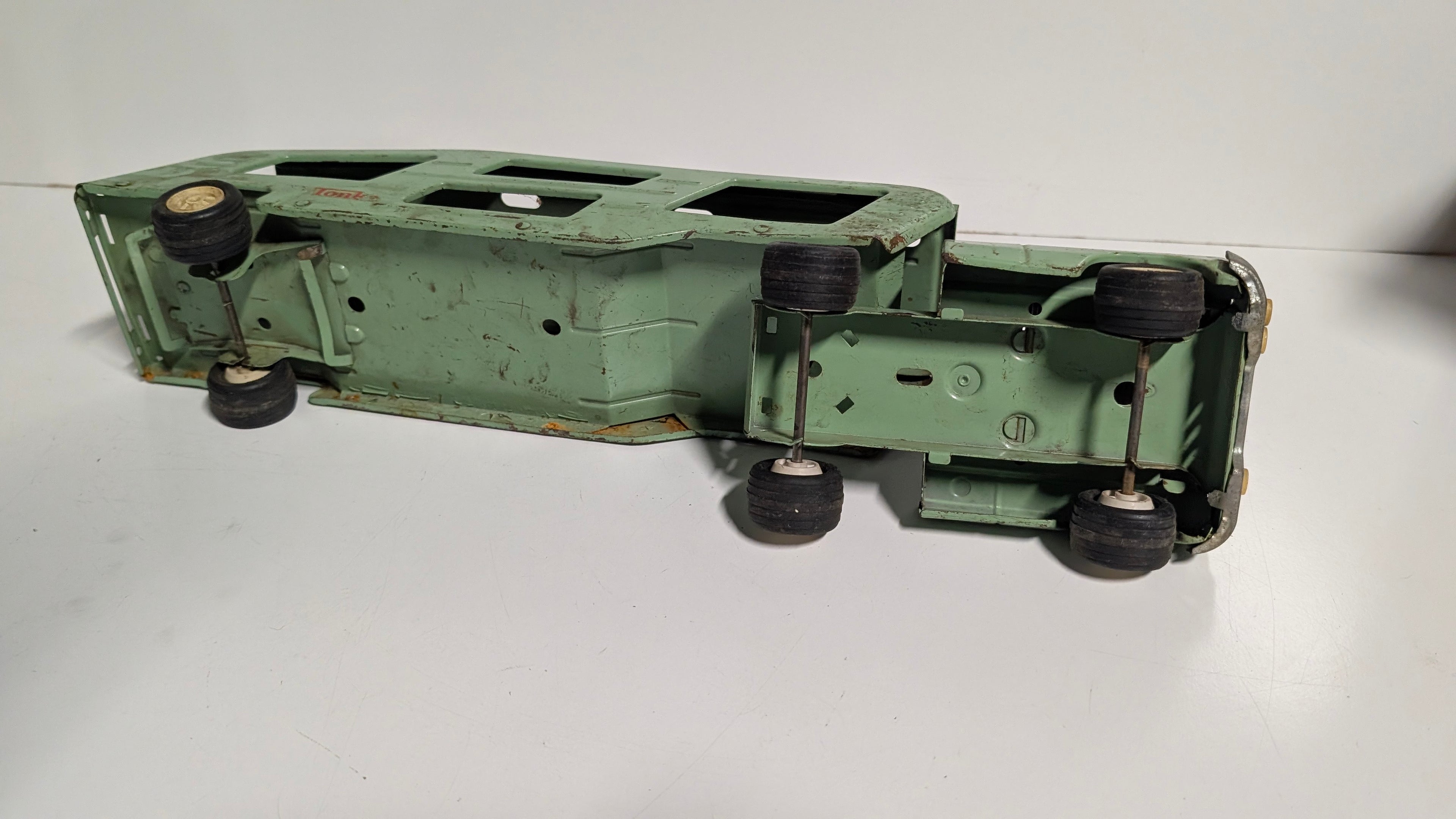 Vintage Tonka Car Carrier Semi Truck Green Pressed Steel Toy Hauler Original