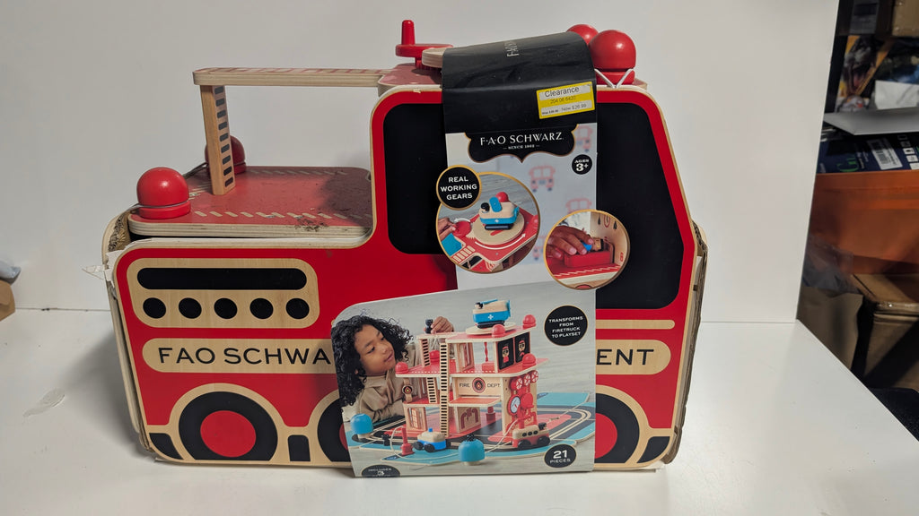 FAO Schwarz Wooden Fire Truck Playset With Working Gears 21 Piece Kids Toy Set