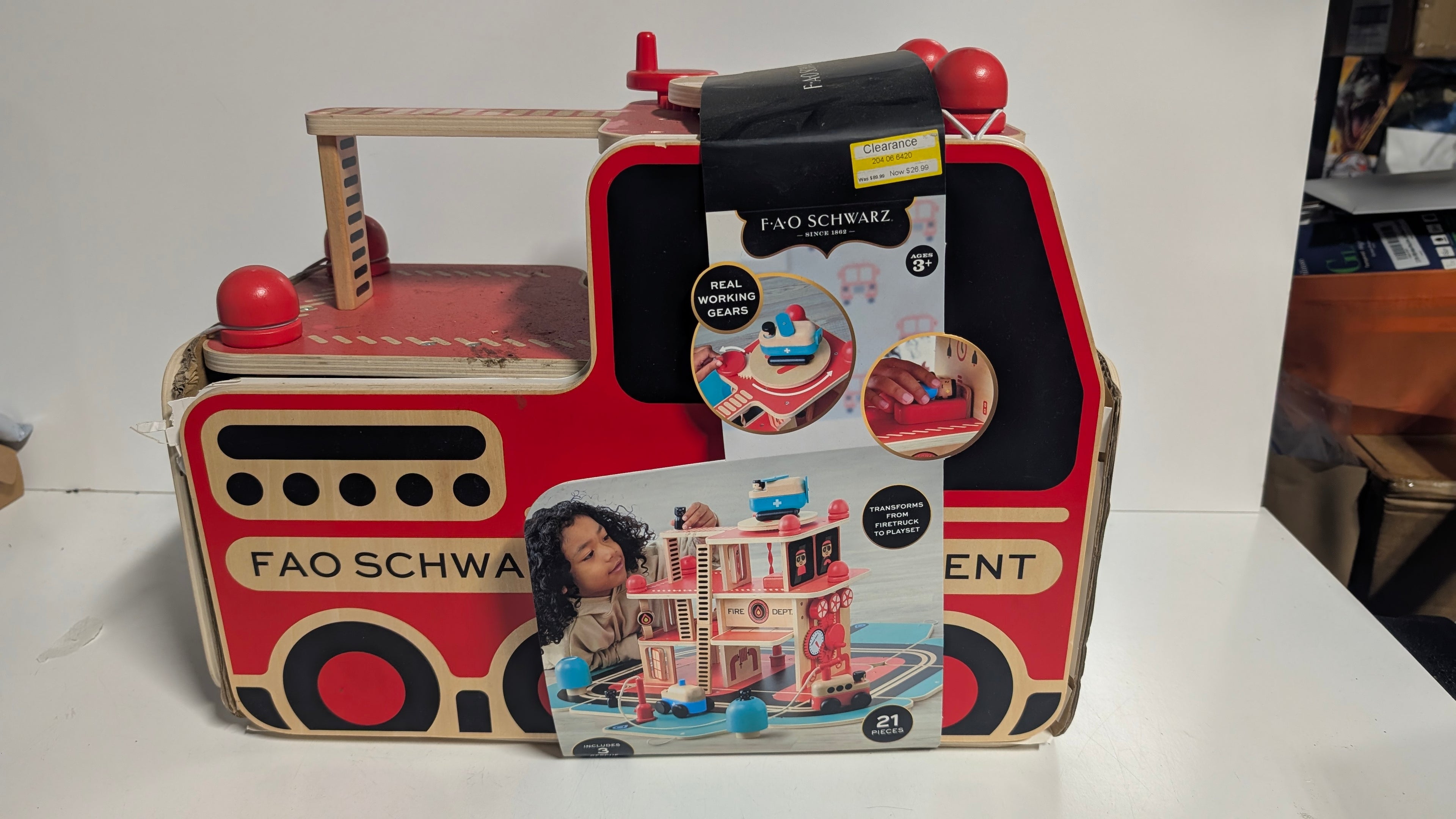 FAO Schwarz Wooden Fire Truck Playset With Working Gears 21 Piece Kids Toy Set