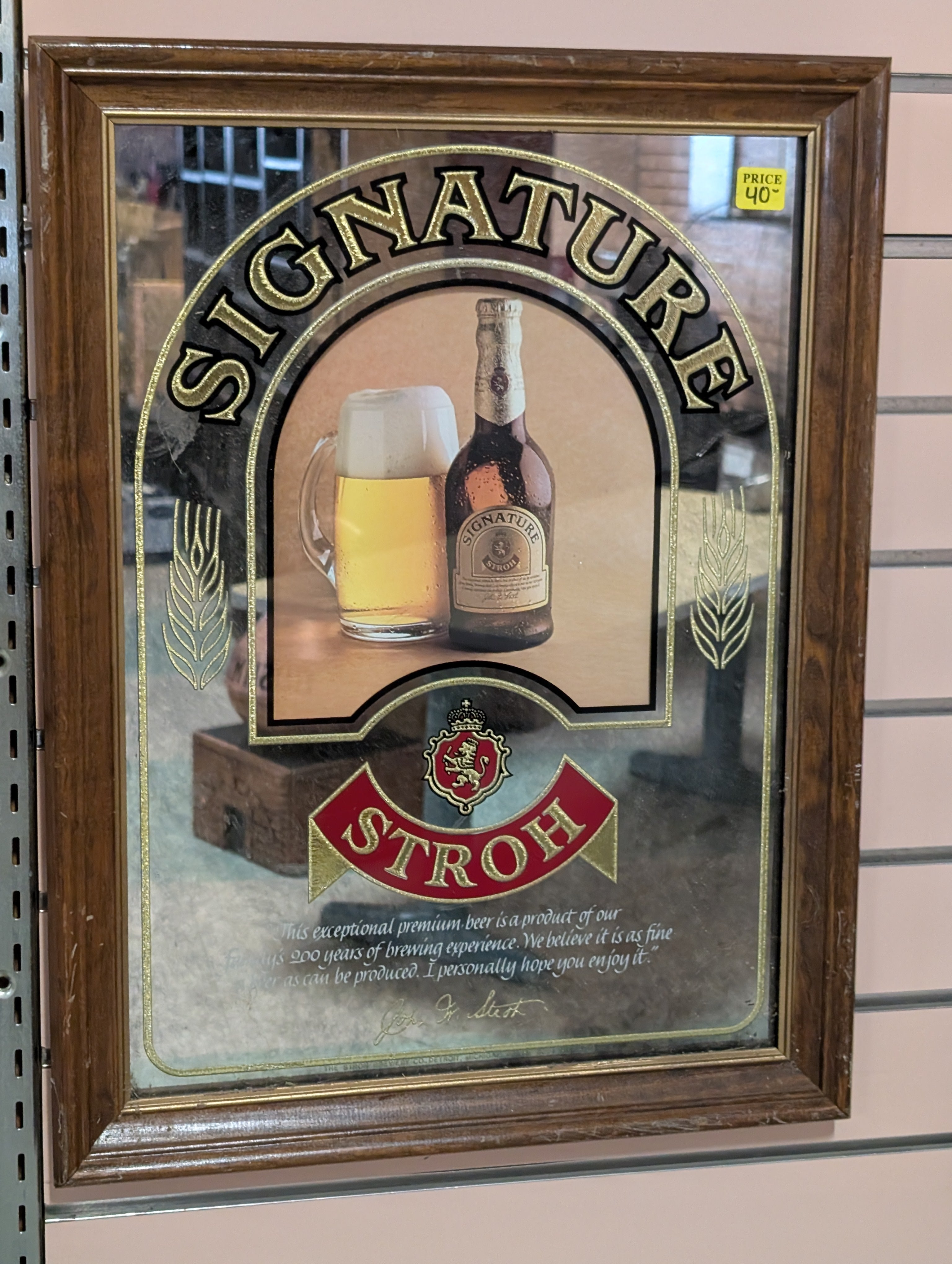 Vintage Signature Stroh Beer Framed Bar Mirror Advertising Display Decor Wall