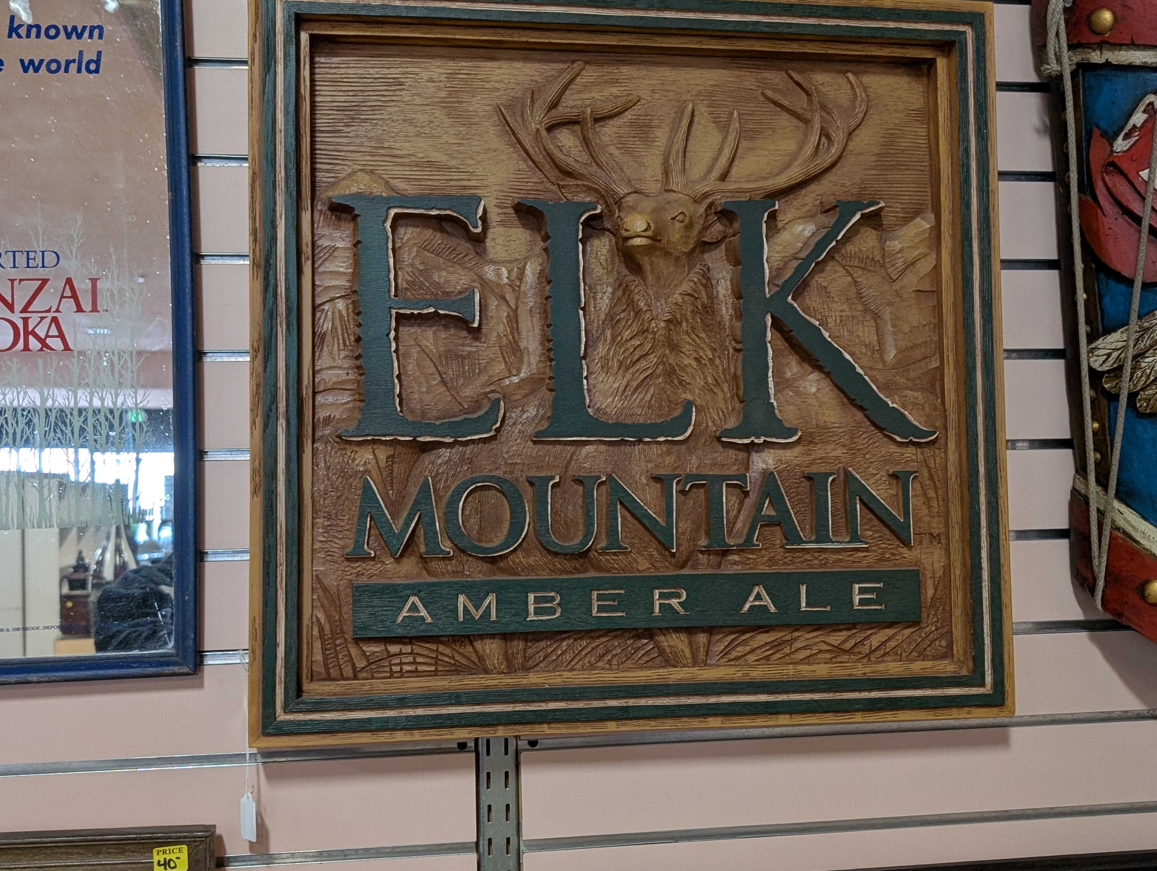 Vintage Elk Mountain Amber Ale Carved Wood Beer Sign Framed Bar Wall Decor Art