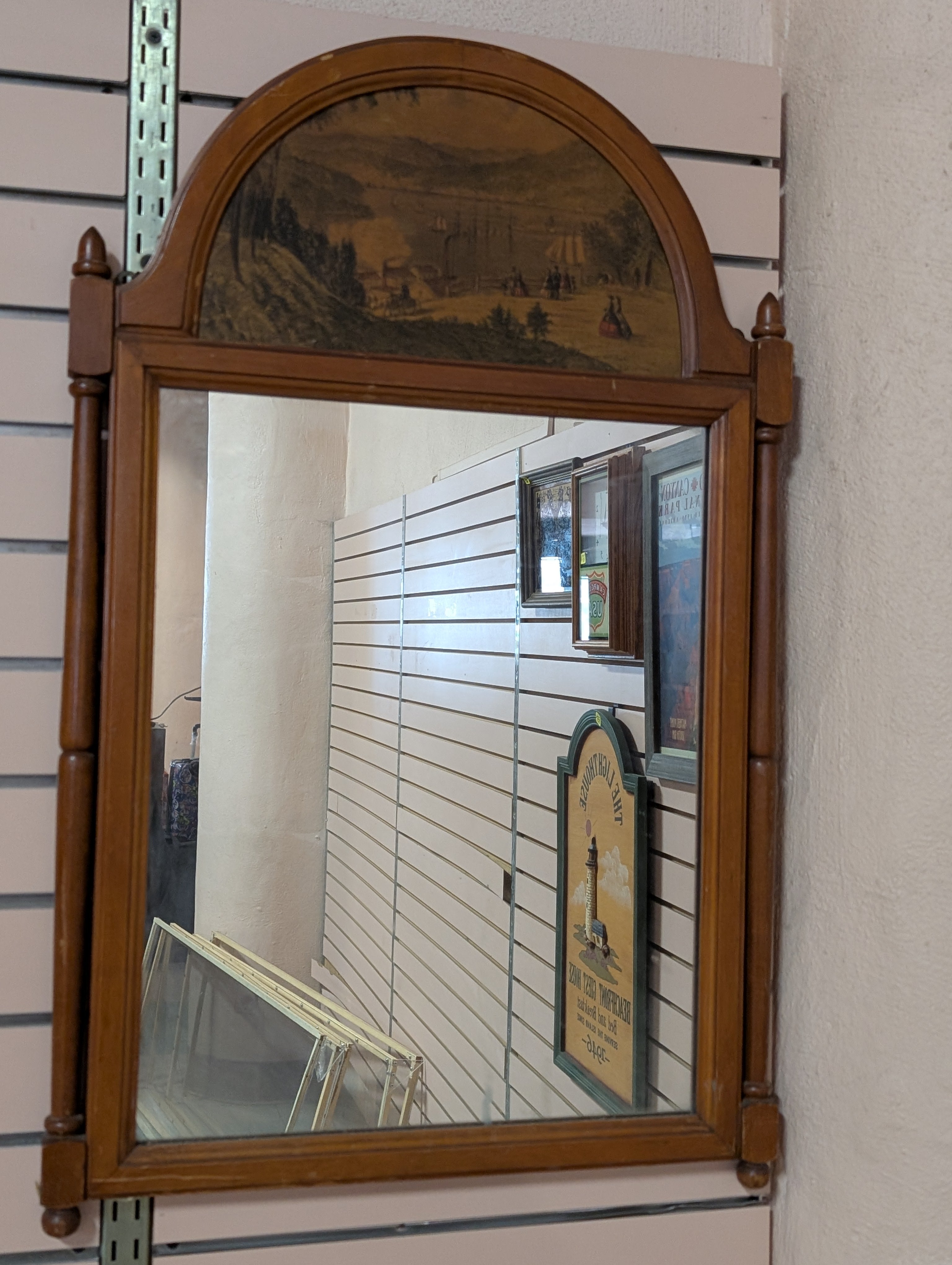 Vintage Whitney No. 6112 Wall Mirror with Scenic Top Insert 20x31.5" Wood Frame