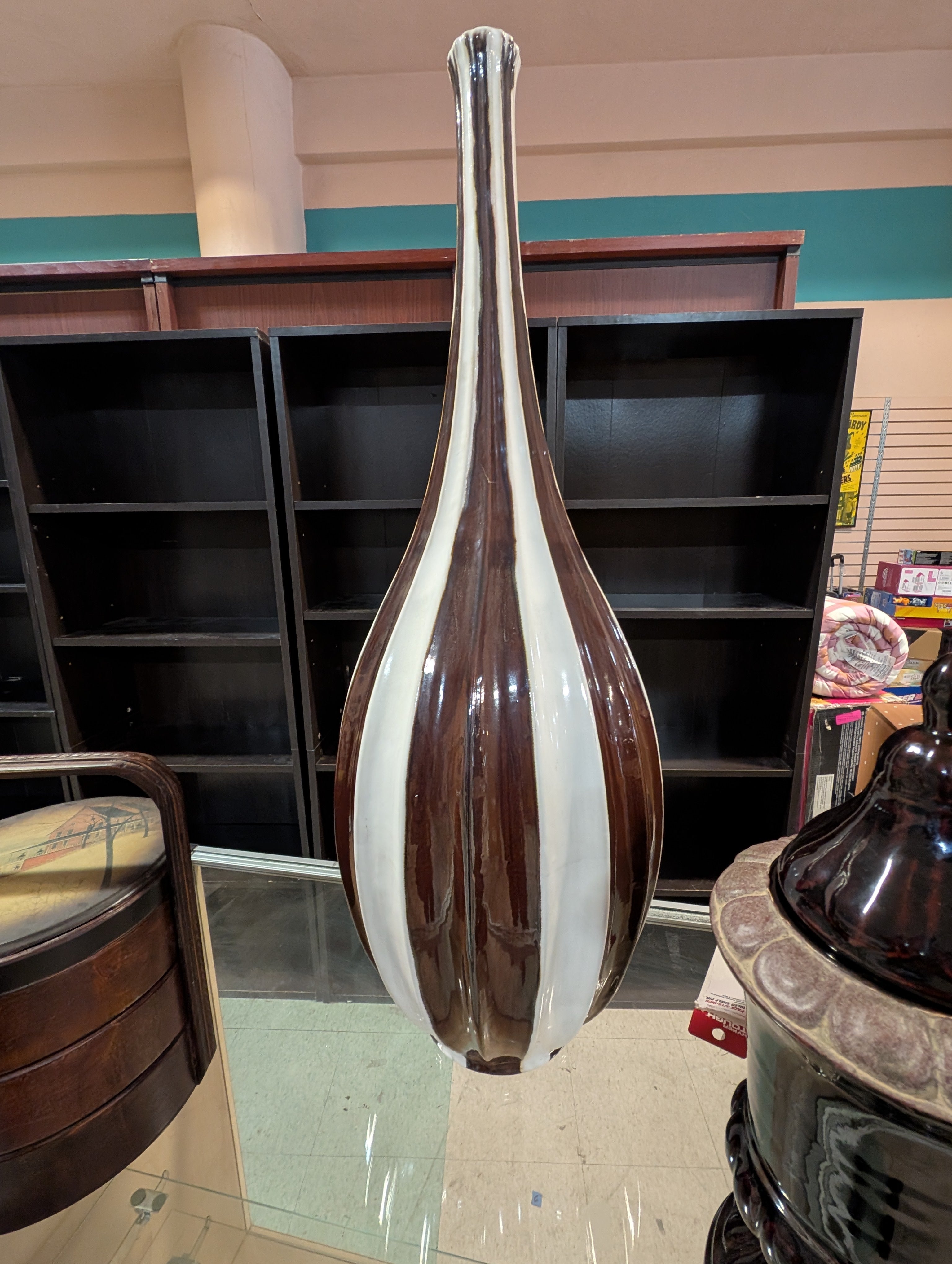 Large Vintage Brown White Ceramic Floor Vase Mid Century Modern Decor Statement