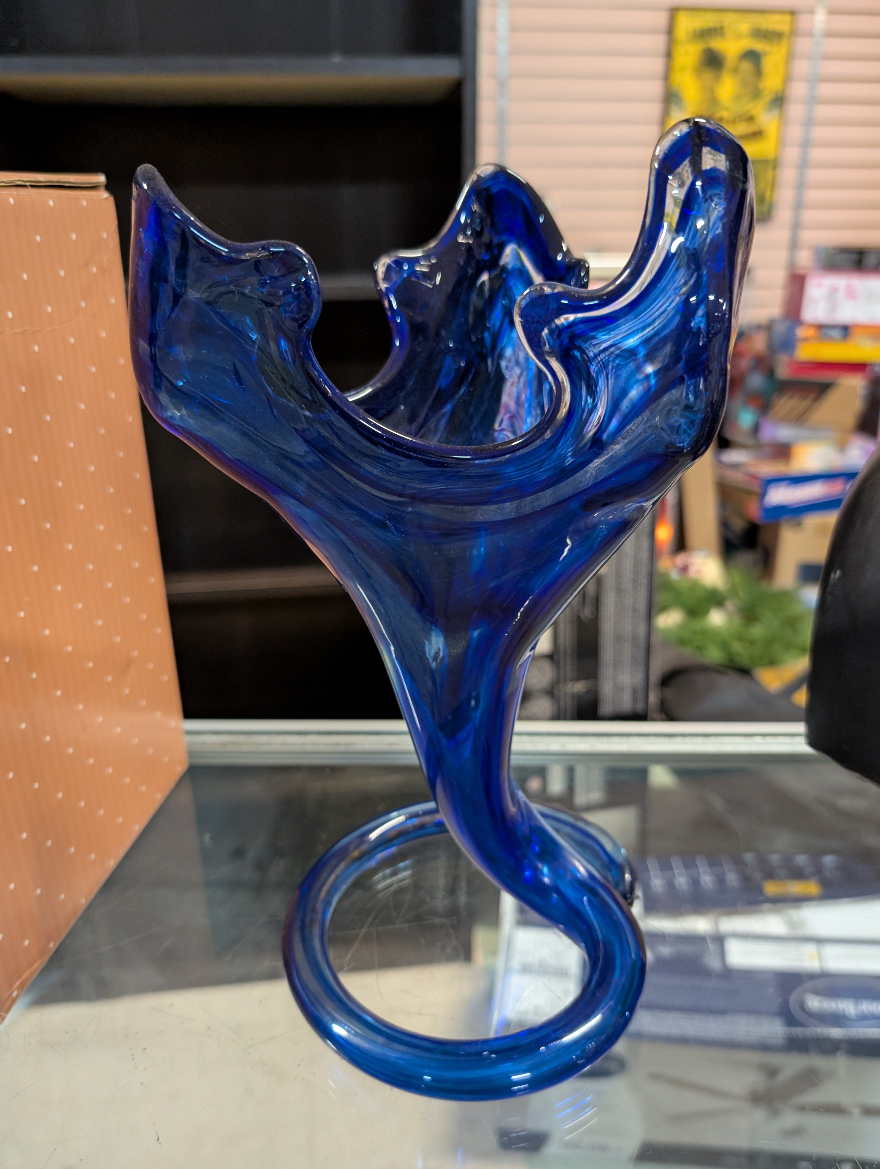 Vintage Cobalt Blue Art Glass Sculptural Vase Hand Blown Modern Statement