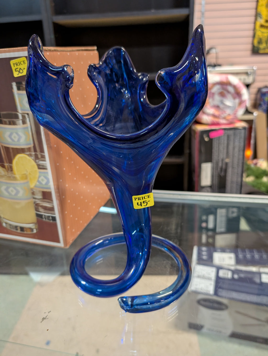 Vintage Cobalt Blue Art Glass Sculptural Vase Hand Blown Modern Statement