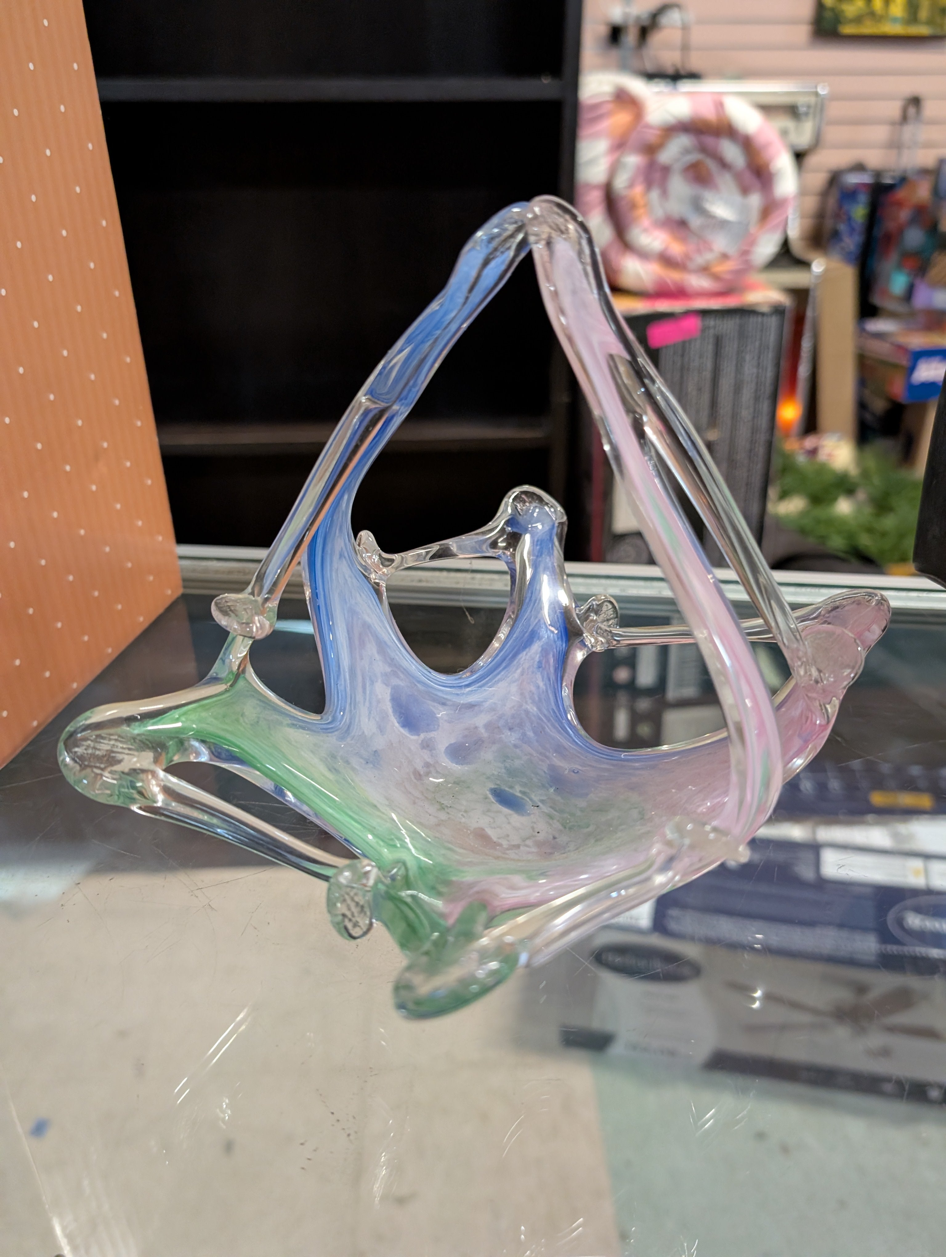 Vintage Hand Blown Pastel Art Glass Basket Sculptural Decorative Display Piece