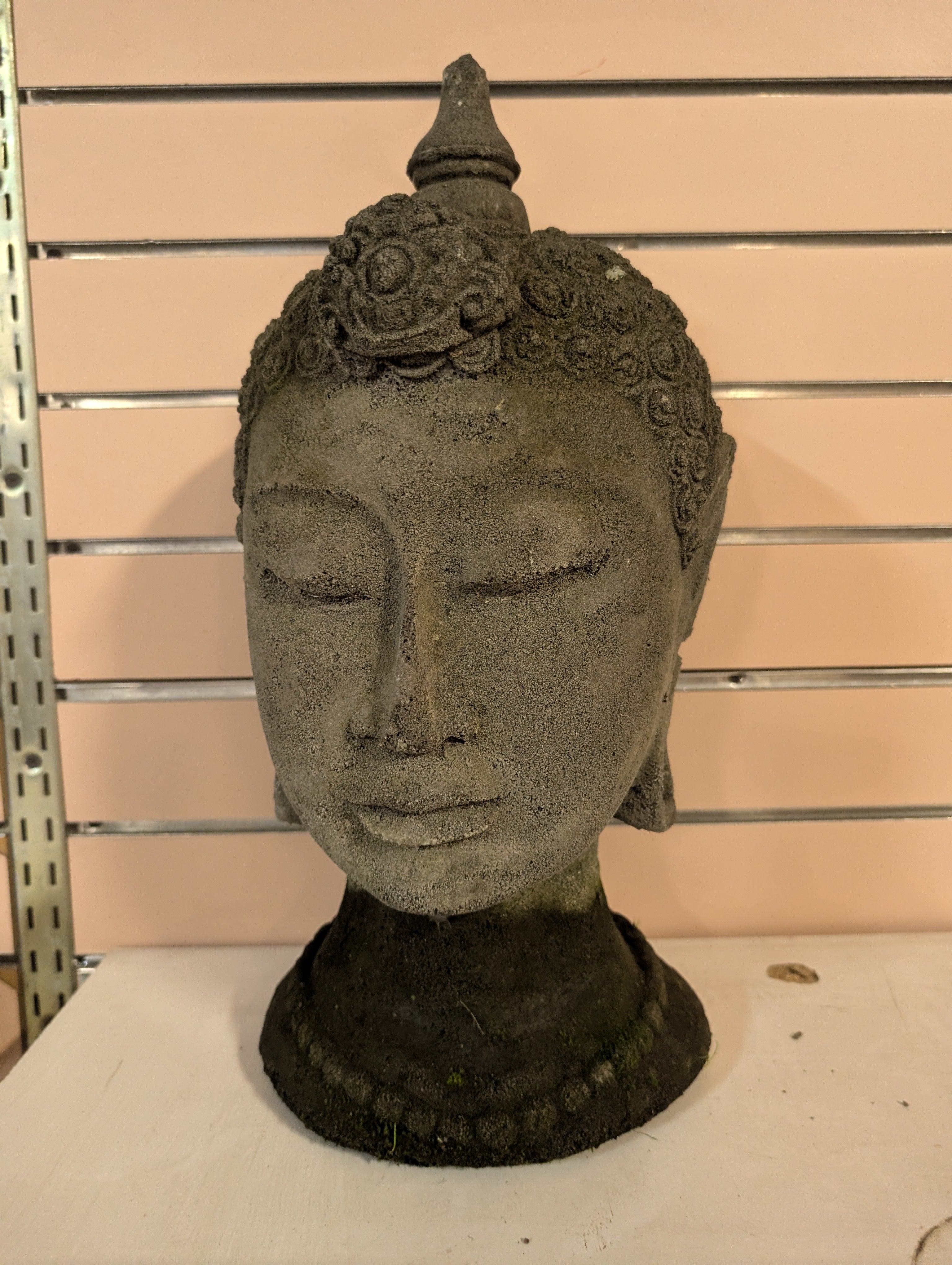 Stone Buddha Head Sculpture Garden Statue Asian Zen Decor Weathered Finish