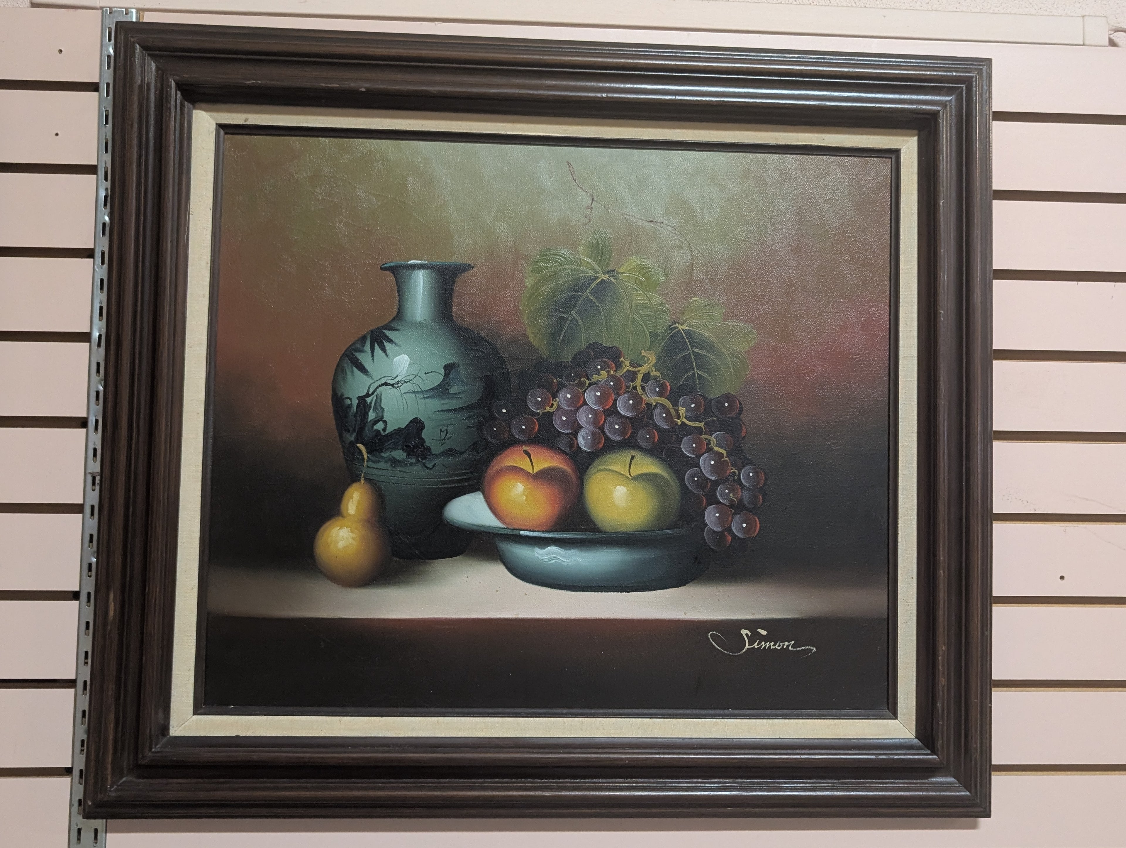 Vintage Simon Signed Still Life Fruit Vase Grapes Framed Canvas Wall Art Painting