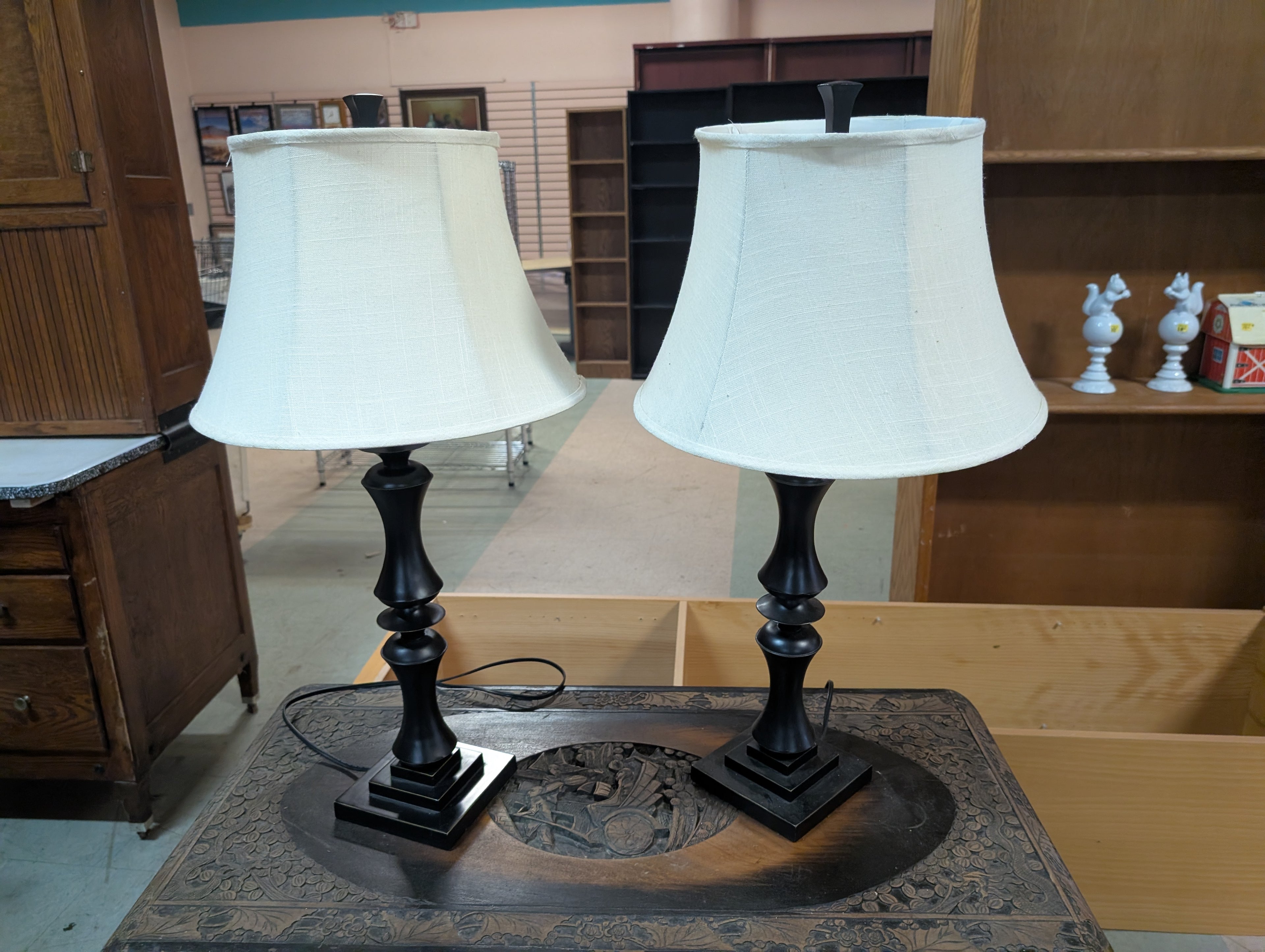 Pair Black Table Lamps With Linen Shades Classic Home Lighting Decor Accent Set