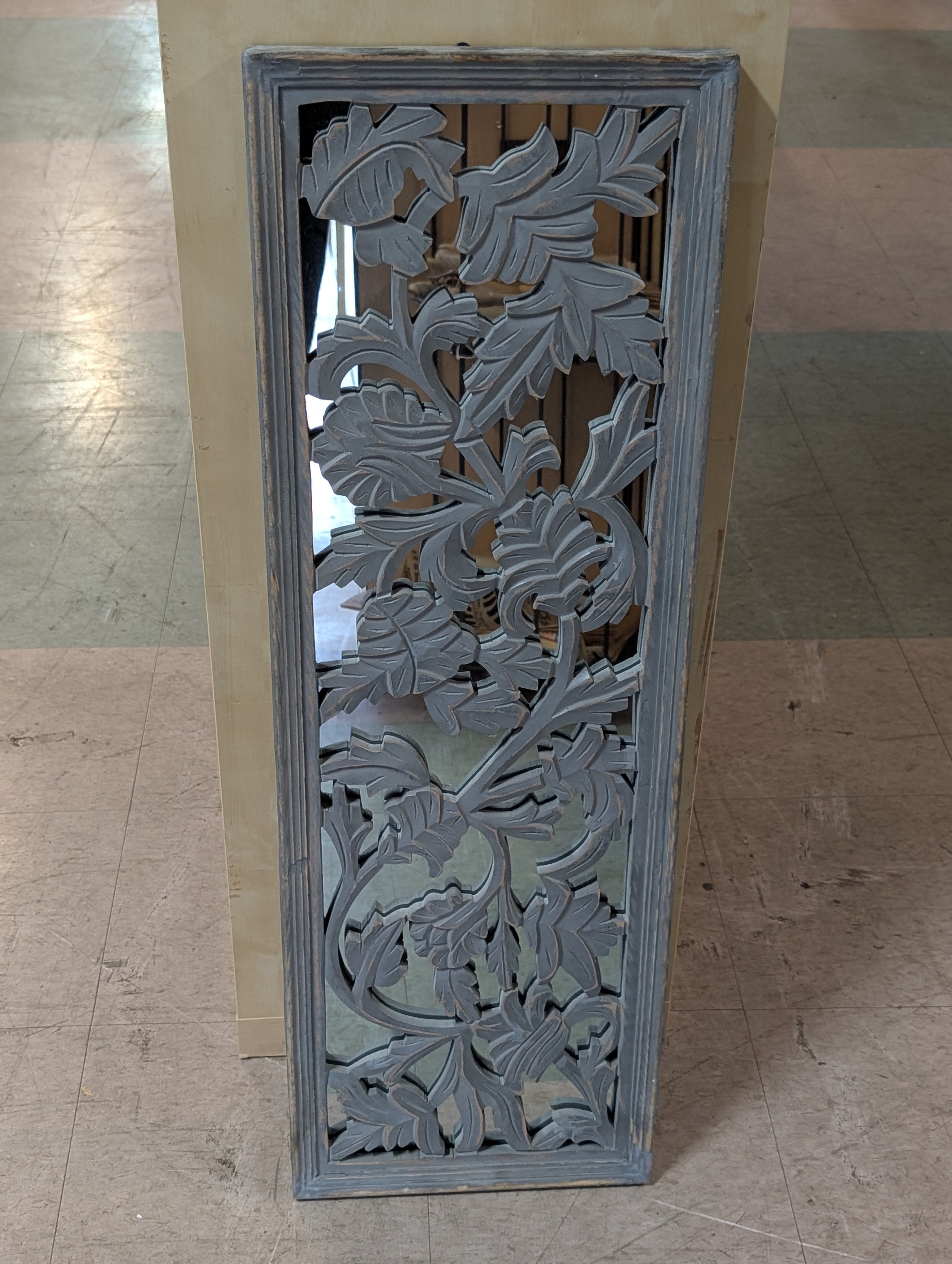 Vintage Carved Wood Leaf Panel Decorative Wall Mirror Rustic Home Decor Art