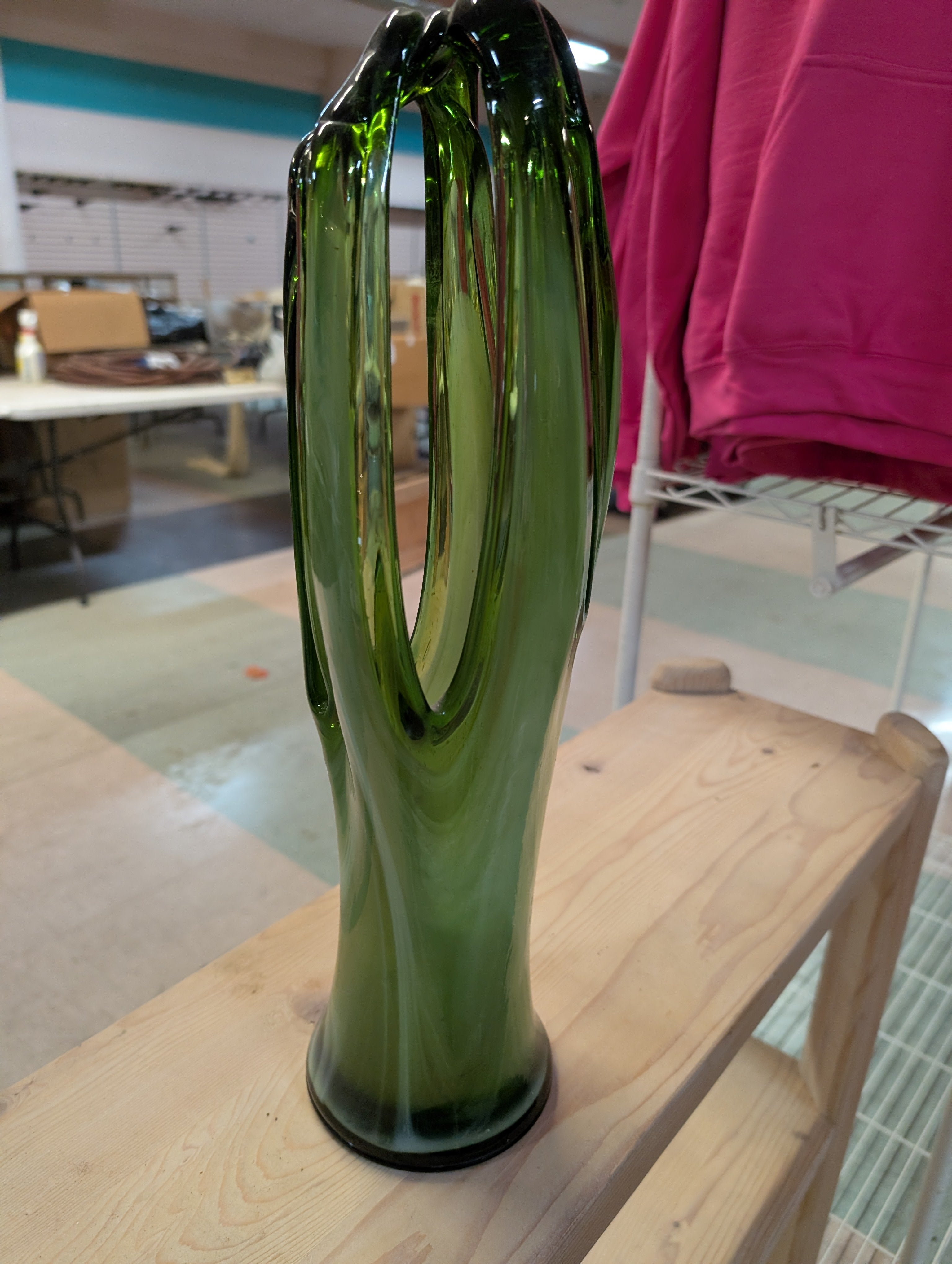 Vintage Mid Century Green Art Glass Sculptural Folded Loop Vase Hand Blown Modern Decor