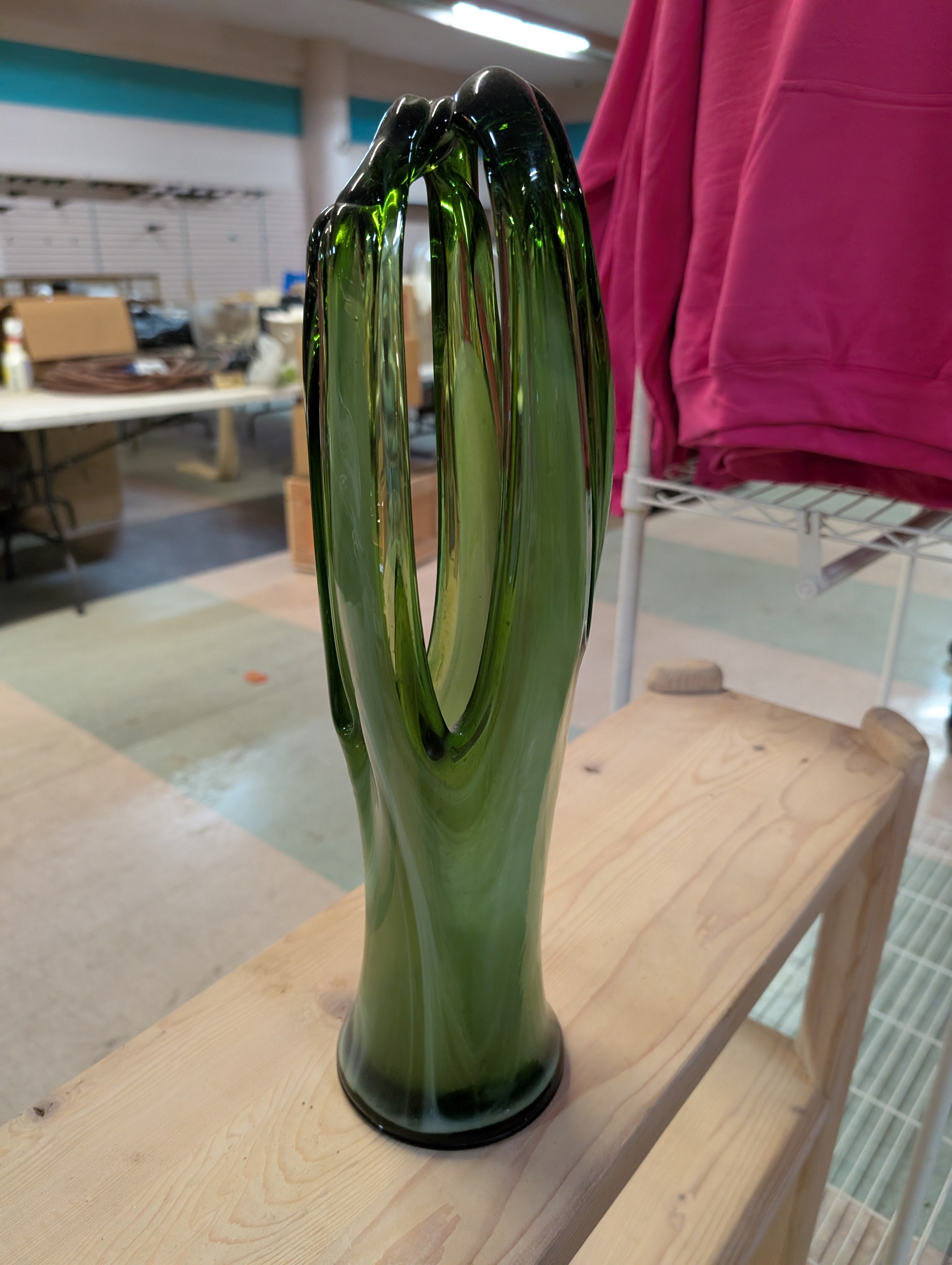 Vintage Mid Century Green Art Glass Sculptural Folded Loop Vase Hand Blown Modern Decor