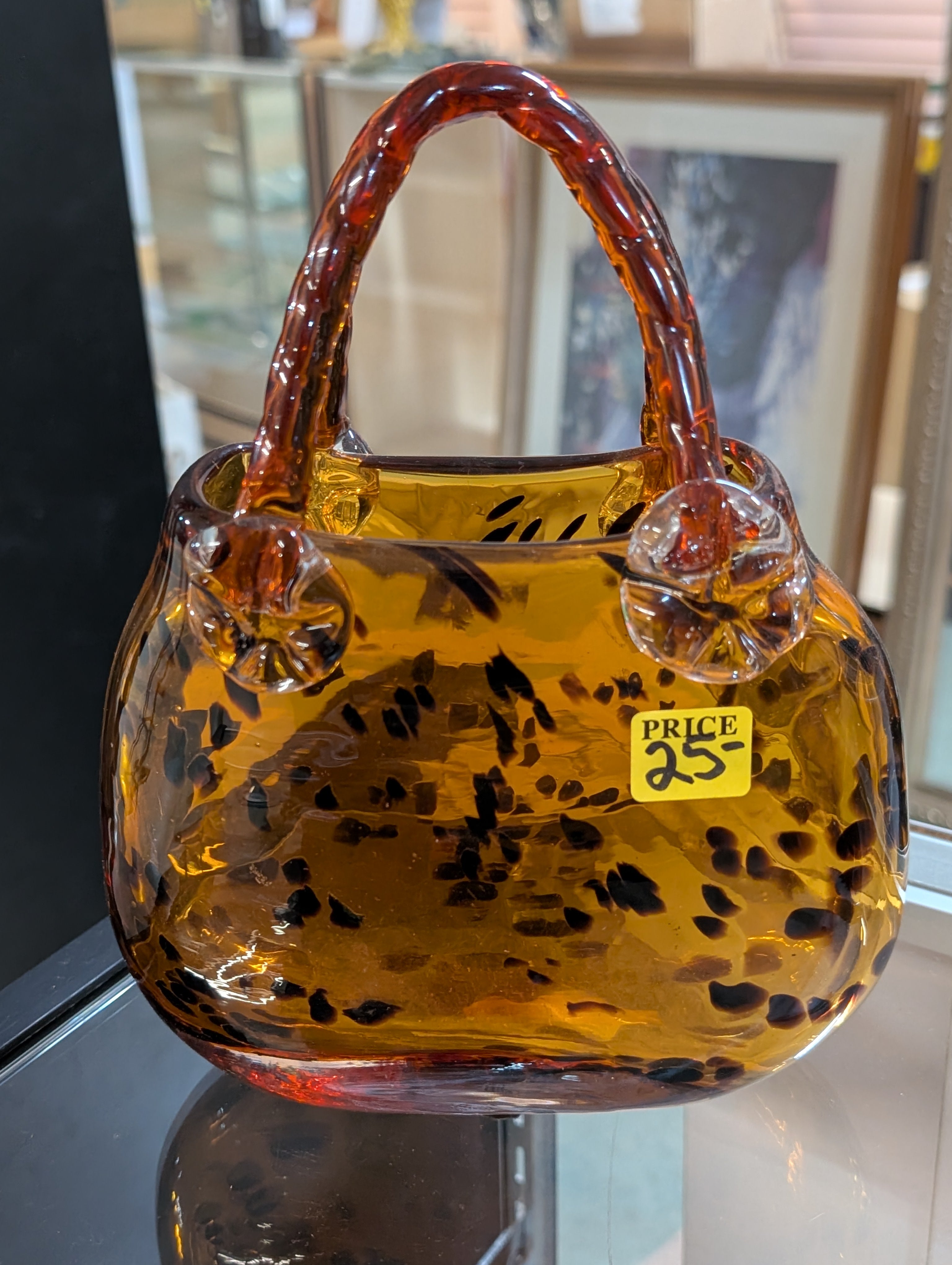 Vintage Leopard Print Murano Style Handbag Purse Handblown Amber Glass Vase